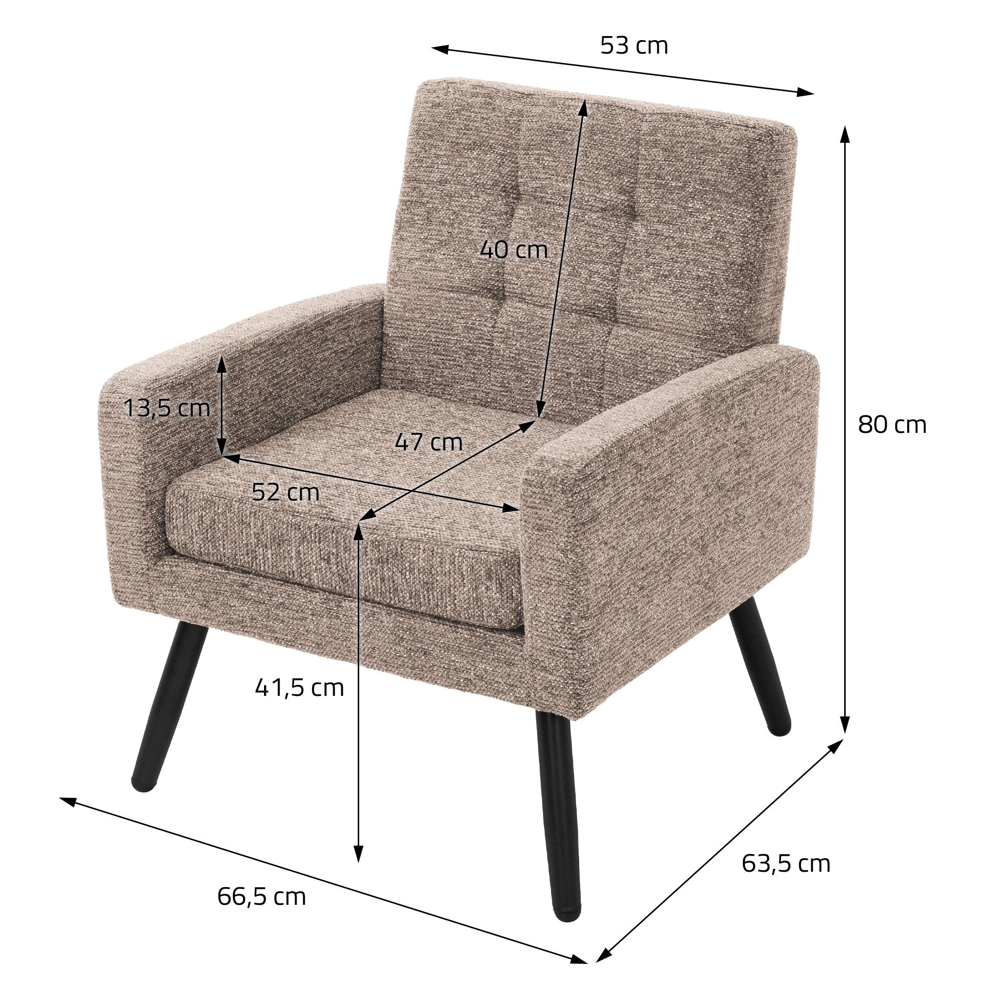 Beige stol med mål: 53 cm bredde, 80 cm højde, 63,5 cm dybde.