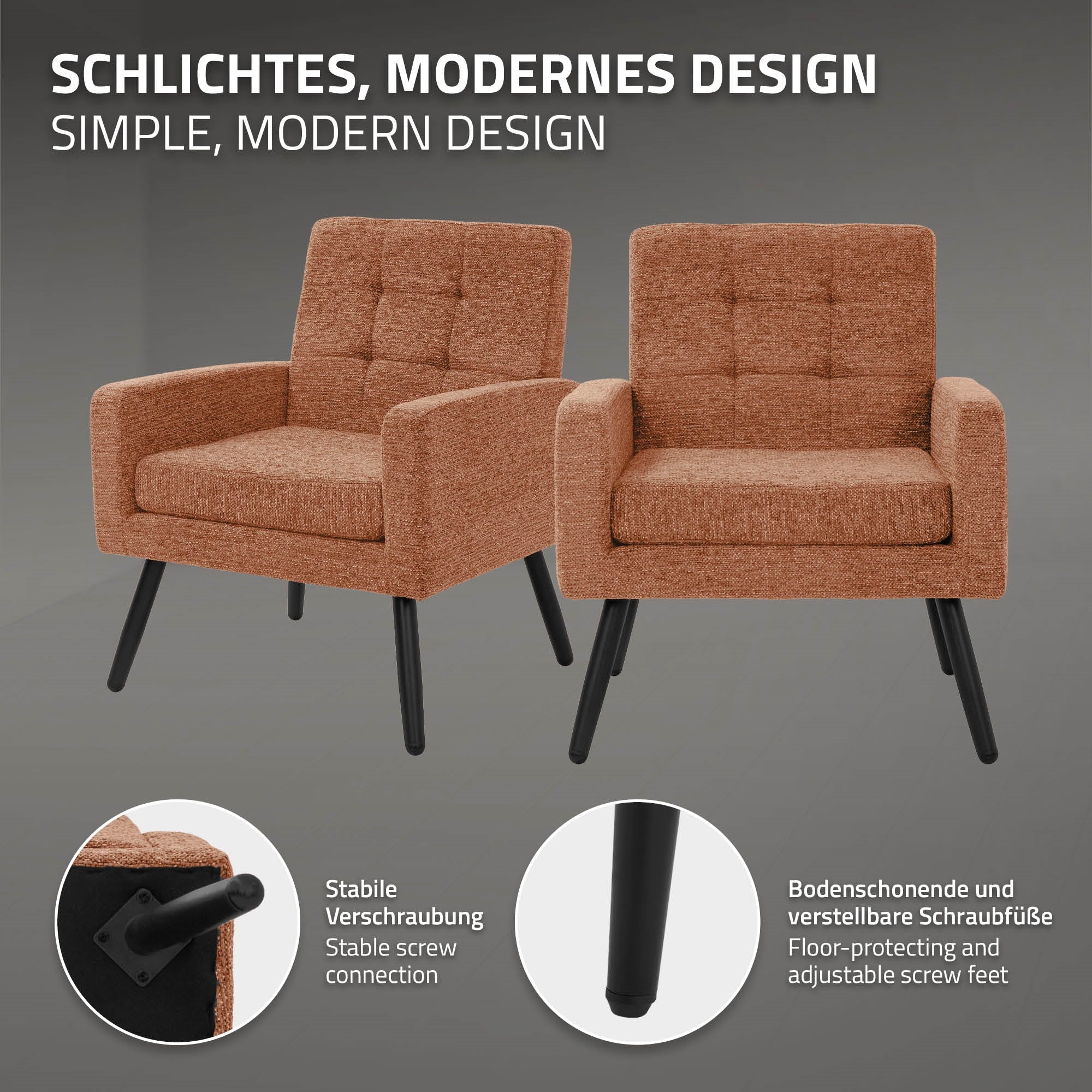 Deux fauteuils orange avec un assemblage à vis stable et des pieds réglables.