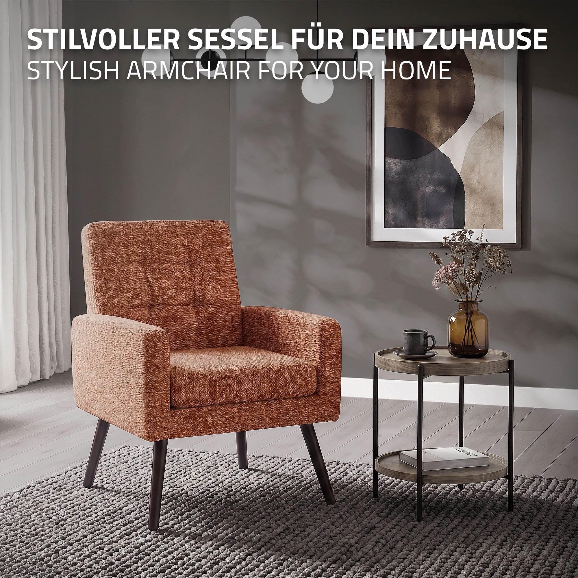 Fauteuil orange dans une pièce moderne avec une petite table.