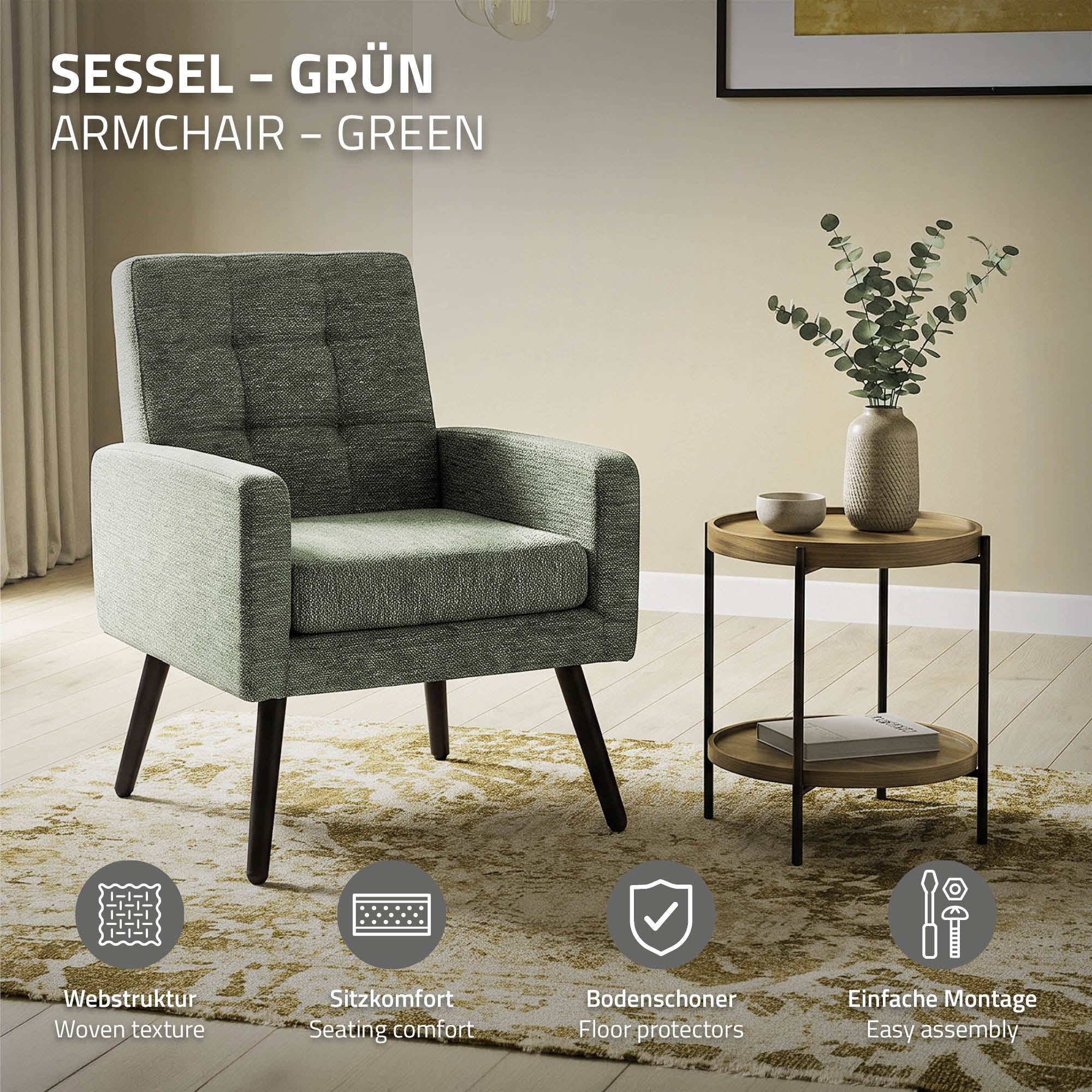 Grüner Sessel mit Webstruktur und Tisch im Hintergrund.