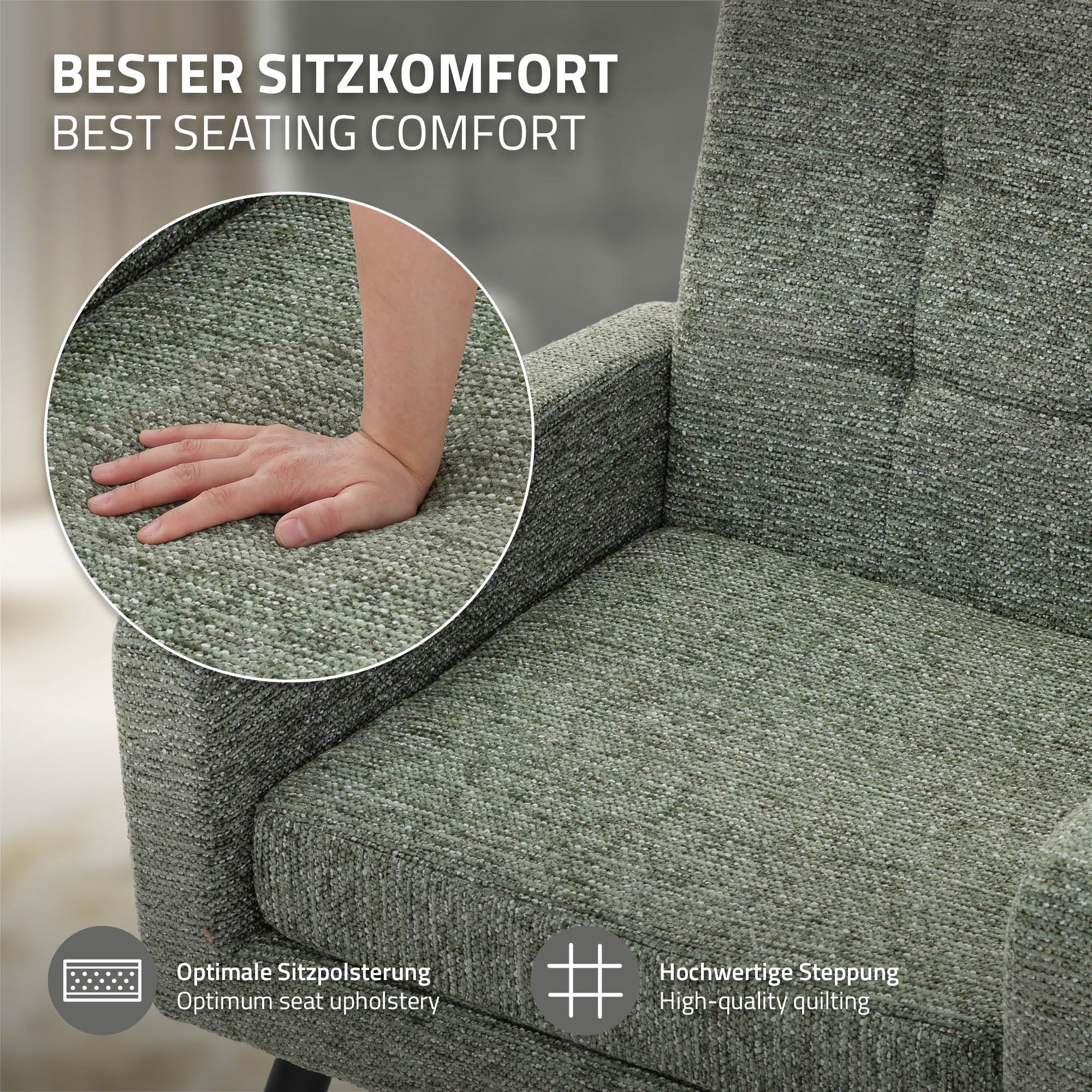 Mano su una poltrona grigia che mostra un comfort di seduta ottimale.