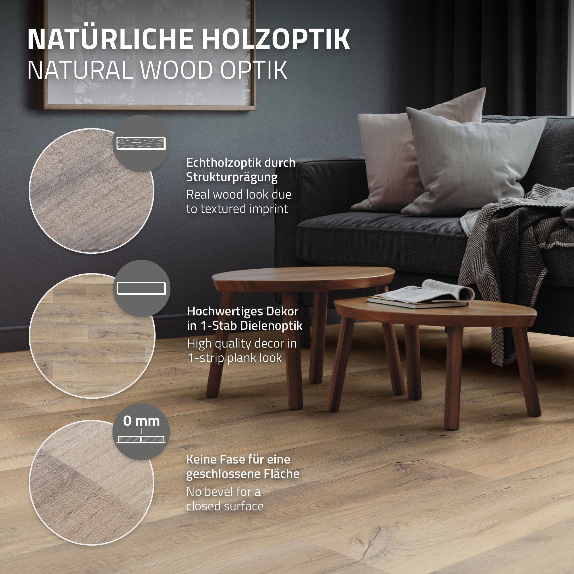 Houten vloer met structuurdruk en twee kleine tafels in de ruimte.