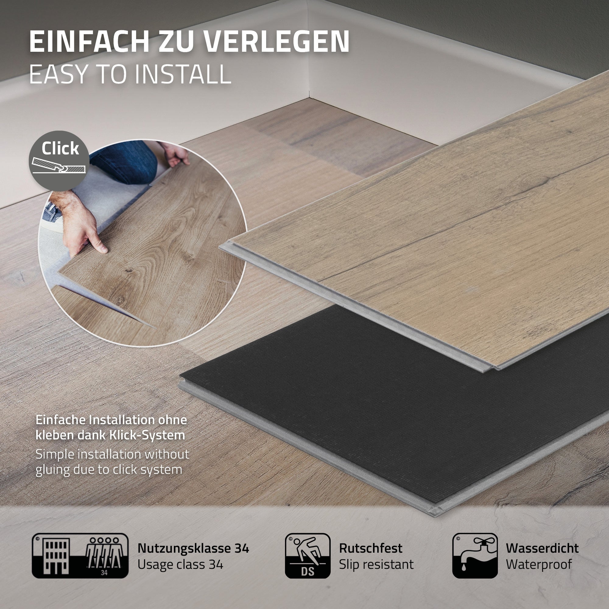 Twee vinylvloerplaten, een licht en een donker, die aan elkaar worden gevoegd.