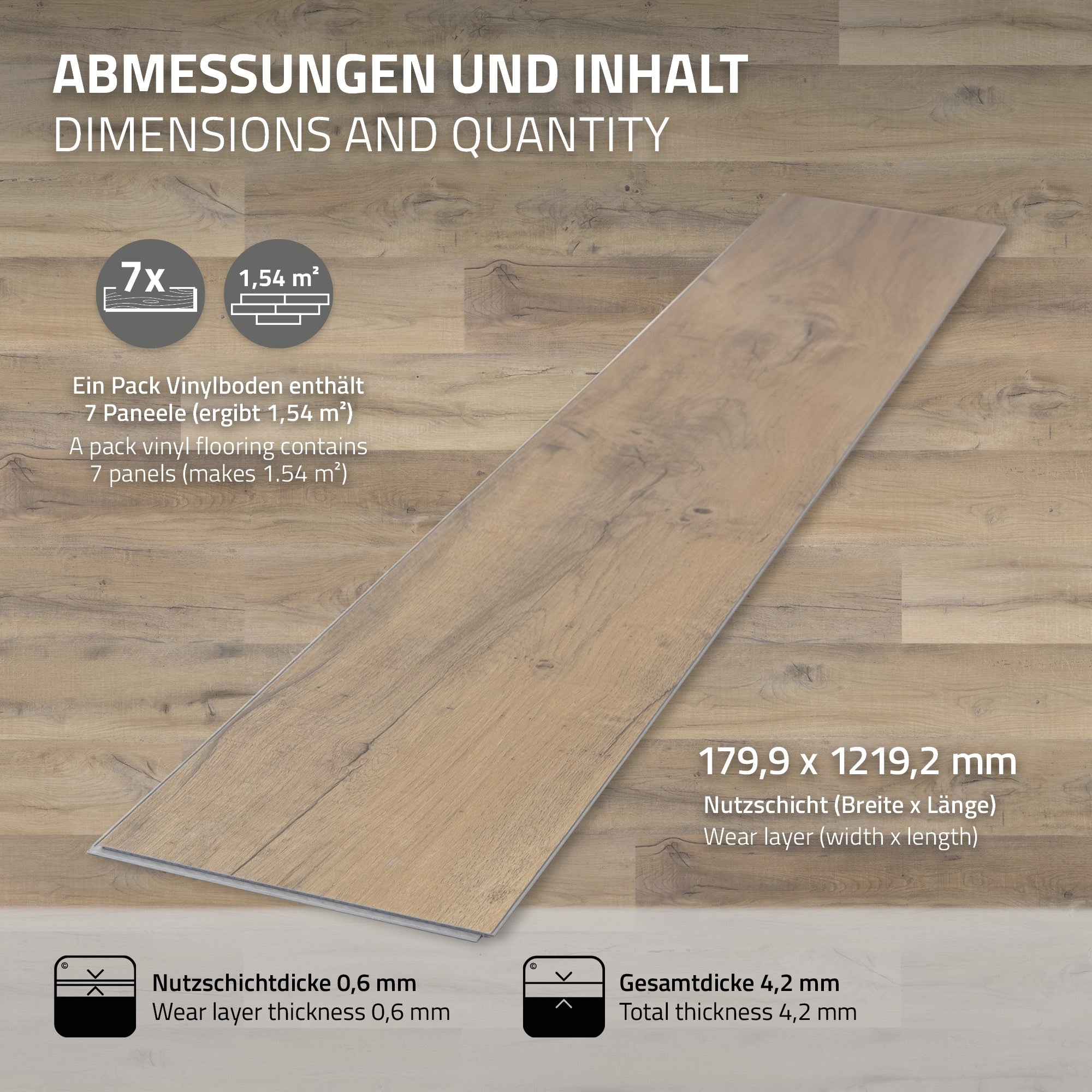Verpakkingsinhoud en afmetingen van een vinylvloer met 7 panelen.
