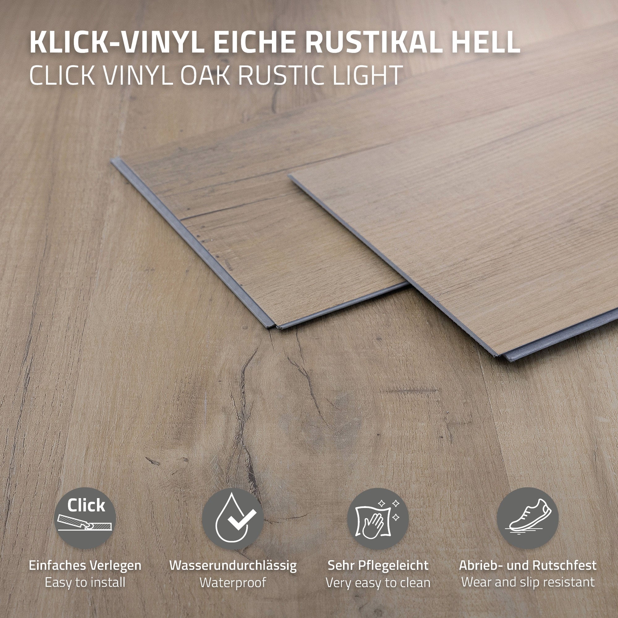 Klikvinylvloer in licht rustiek eiken, met onderhoudsinstructies.
