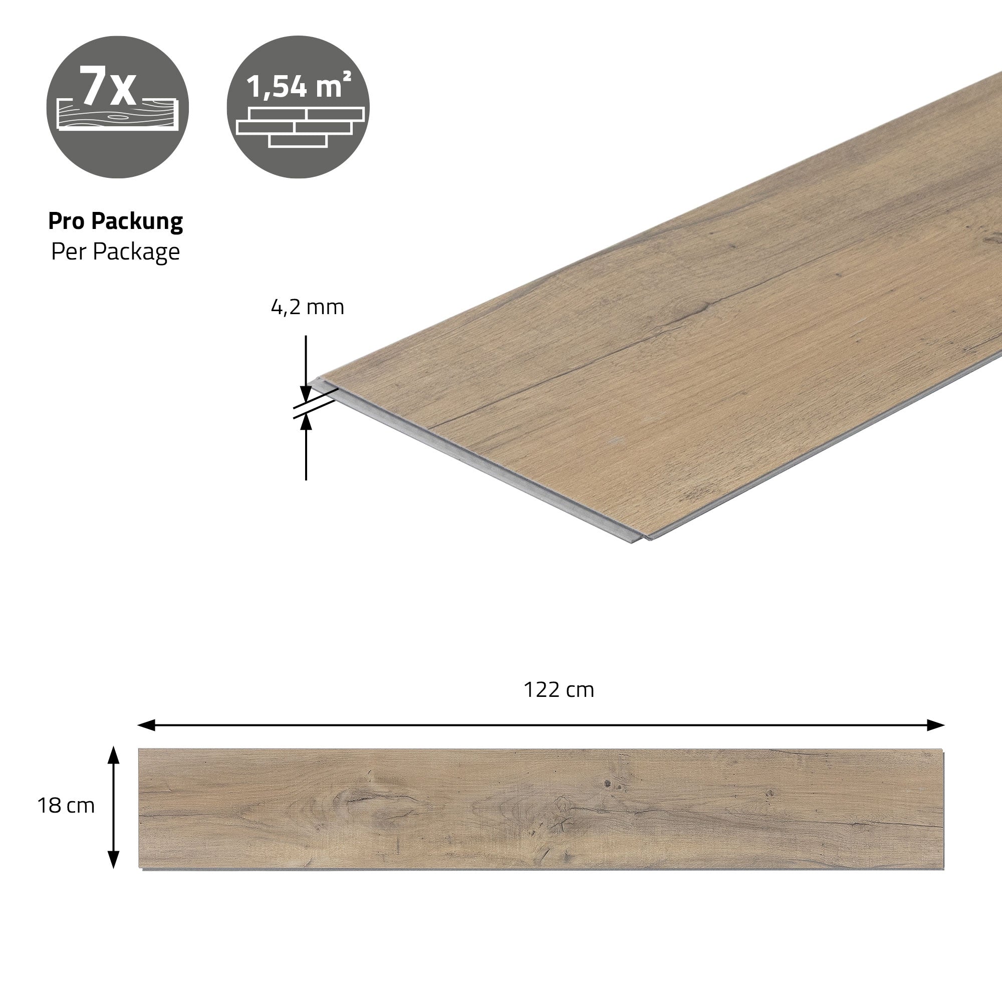 Laminaatplank met afmetingen en verpakkingsinformatie.