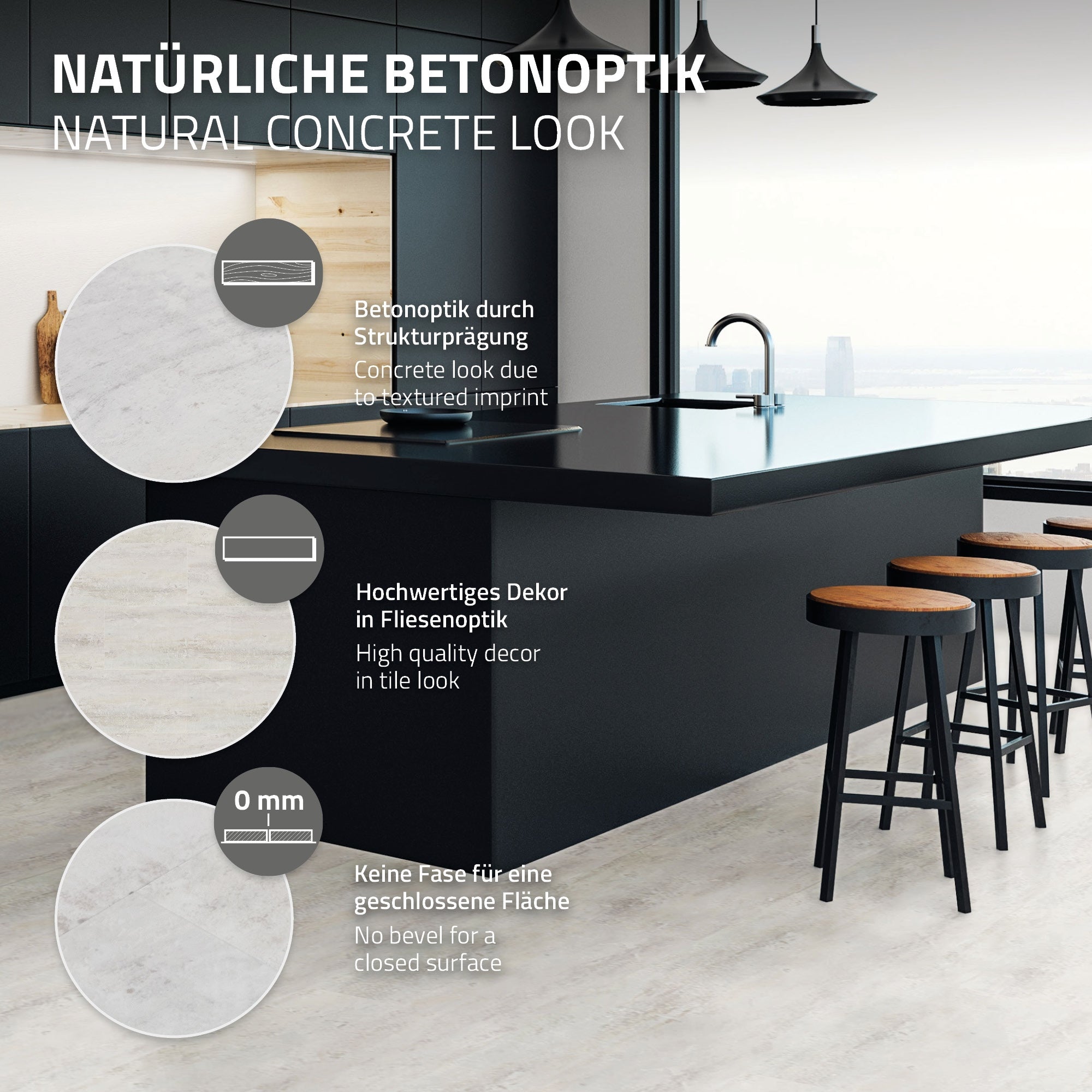 Keuken eiland met betonlook en houten stoelen, moderne inrichting.