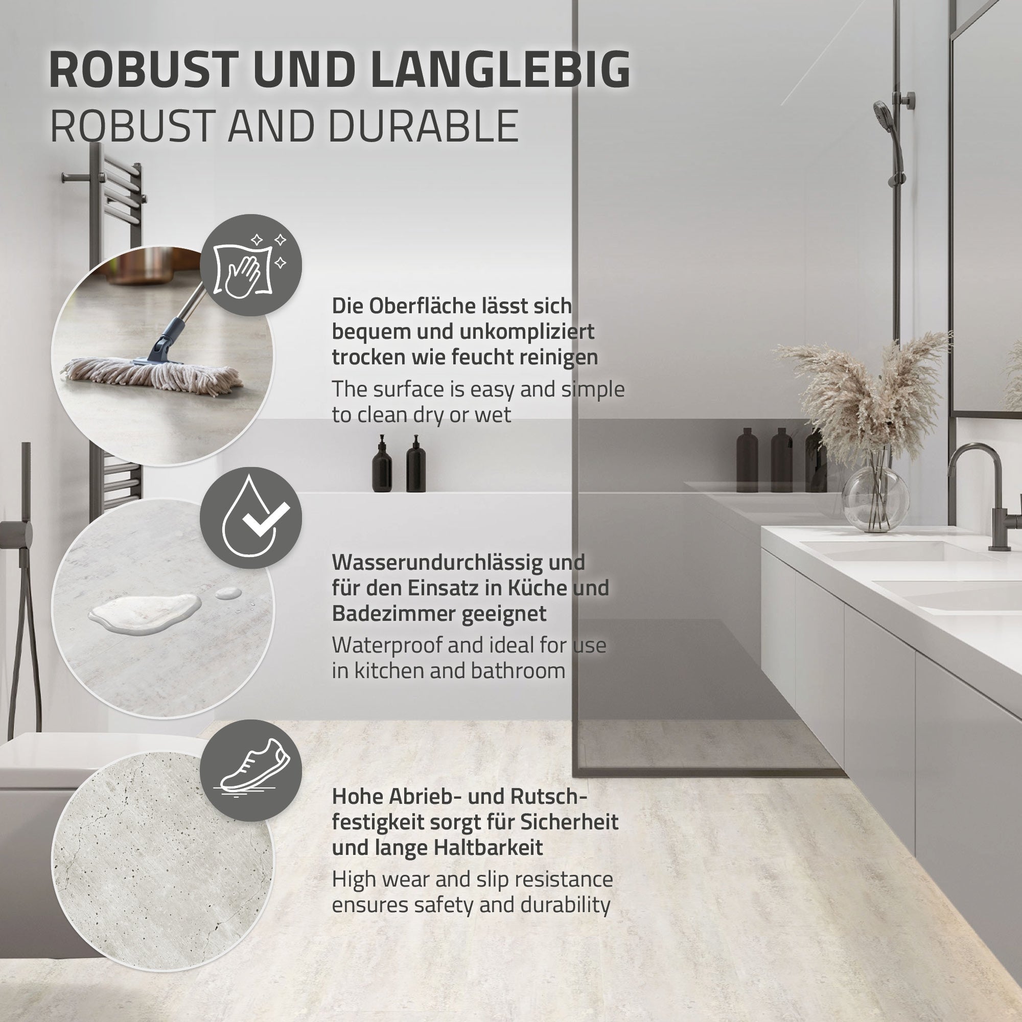 Moderne badkamer met douche, wastafel en handdoekradiator.