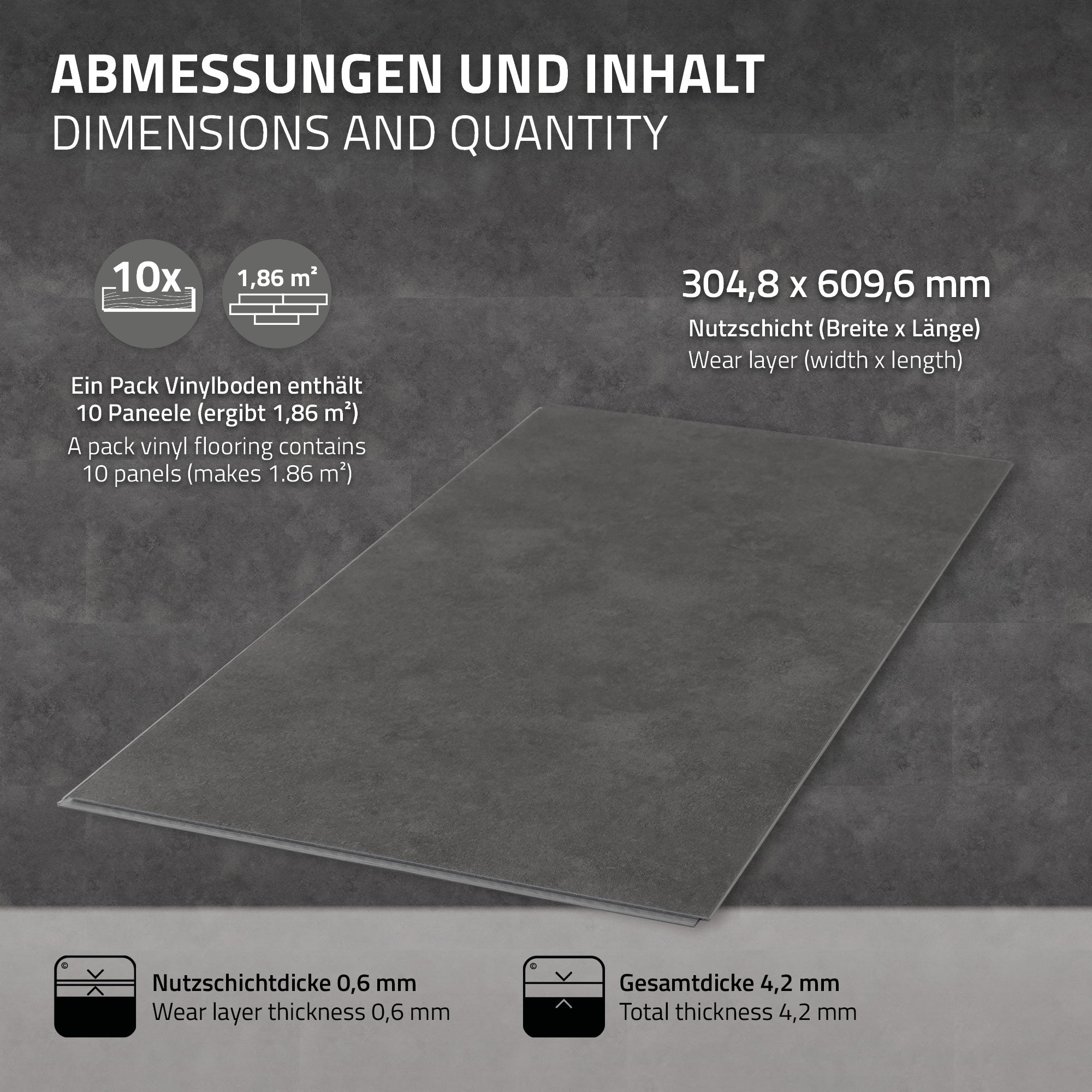 Grafiek met afmetingen en inhoud van een vinylvloer, maten en laagdiktes aangegeven.