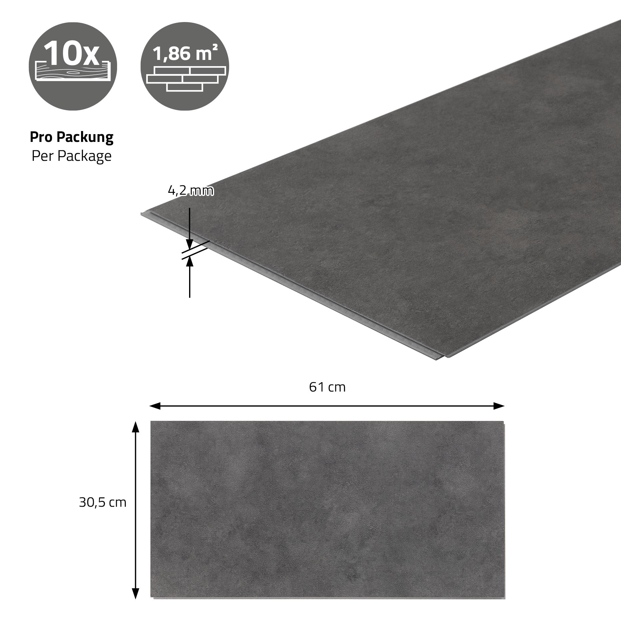 Grafica con dimensioni e dettagli di imballaggio per pavimenti in vinile.