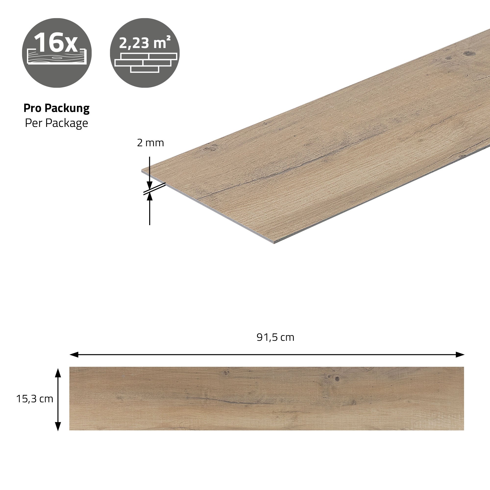 Un panneau en bois avec des dimensions et des informations d'emballage. Les dimensions sont 91,5 cm x 15,3.