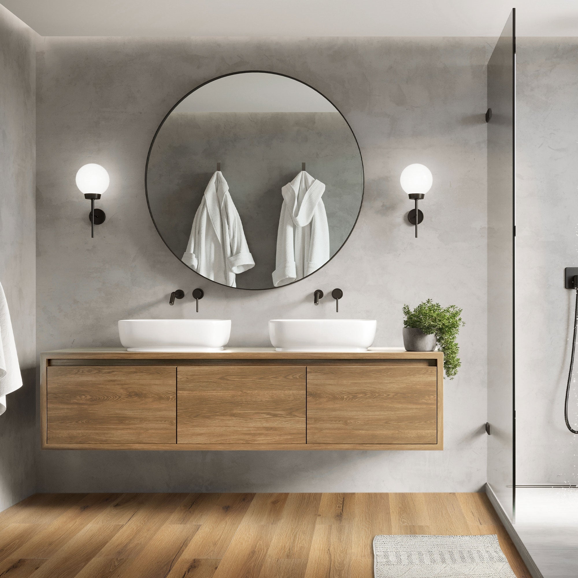 Moderne badkamer met spiegel en houten kast.