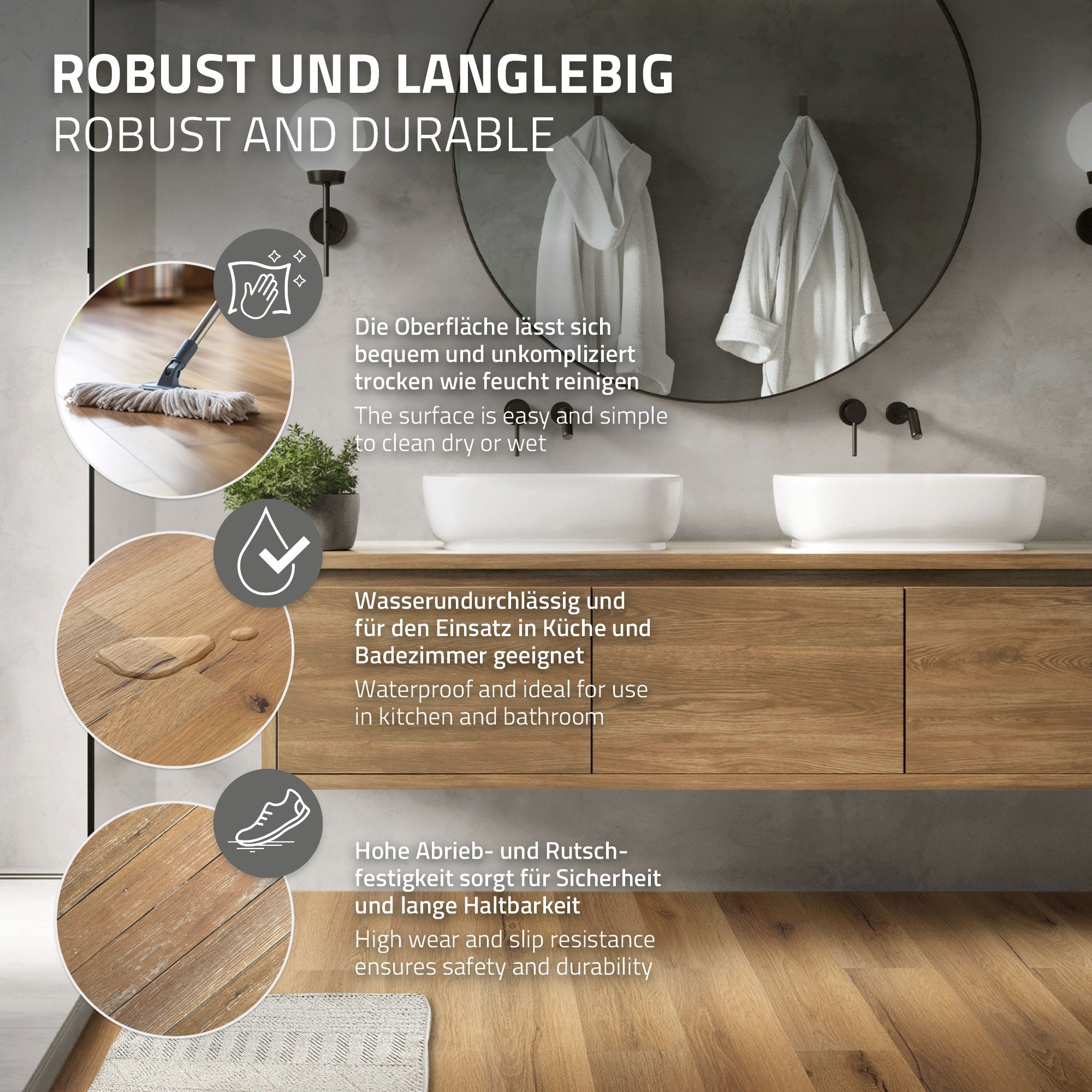 Badkamer met houten kast en twee wastafels.