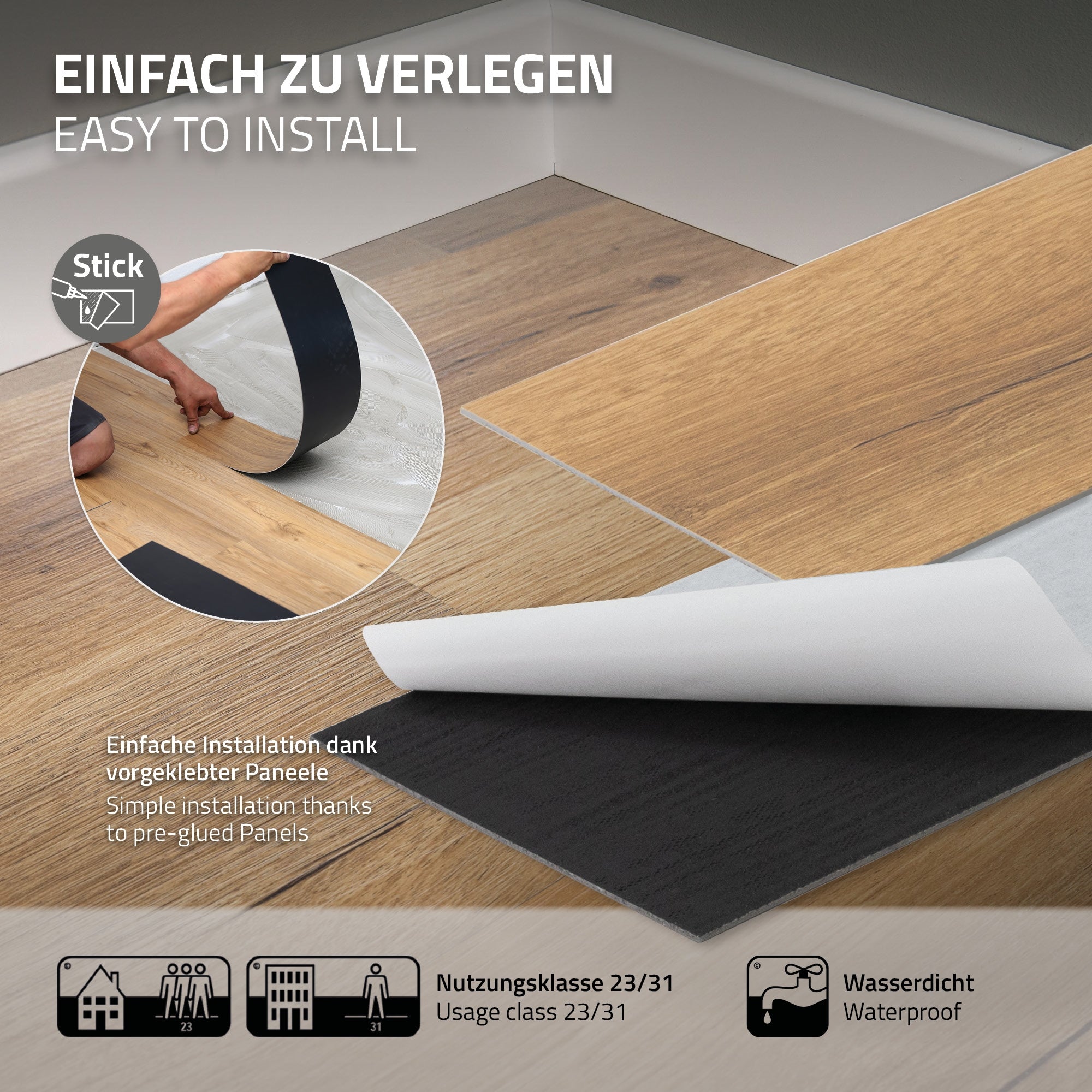 Vloerbedekking met voorgelijmde panelen op houten ondergrond.