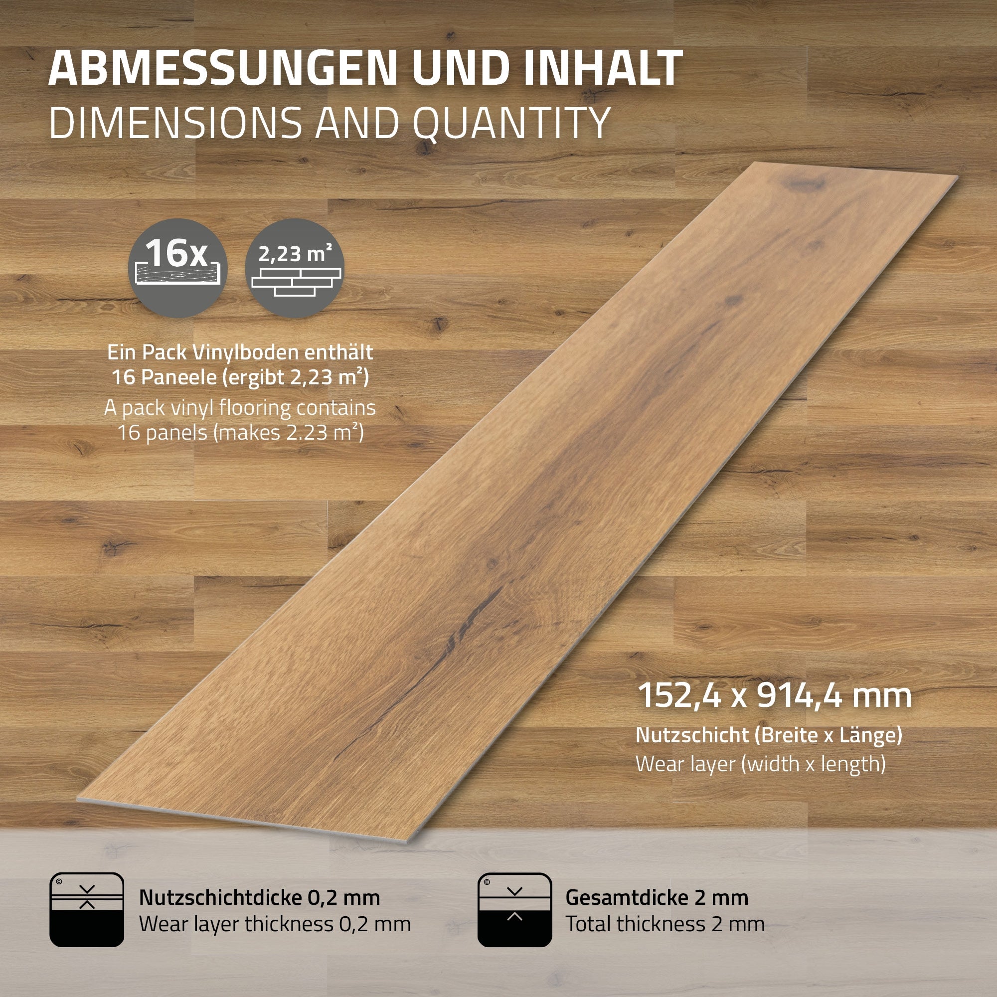 Afmetingen en inhoud van een vinylvloerpakket met 16 panelen.