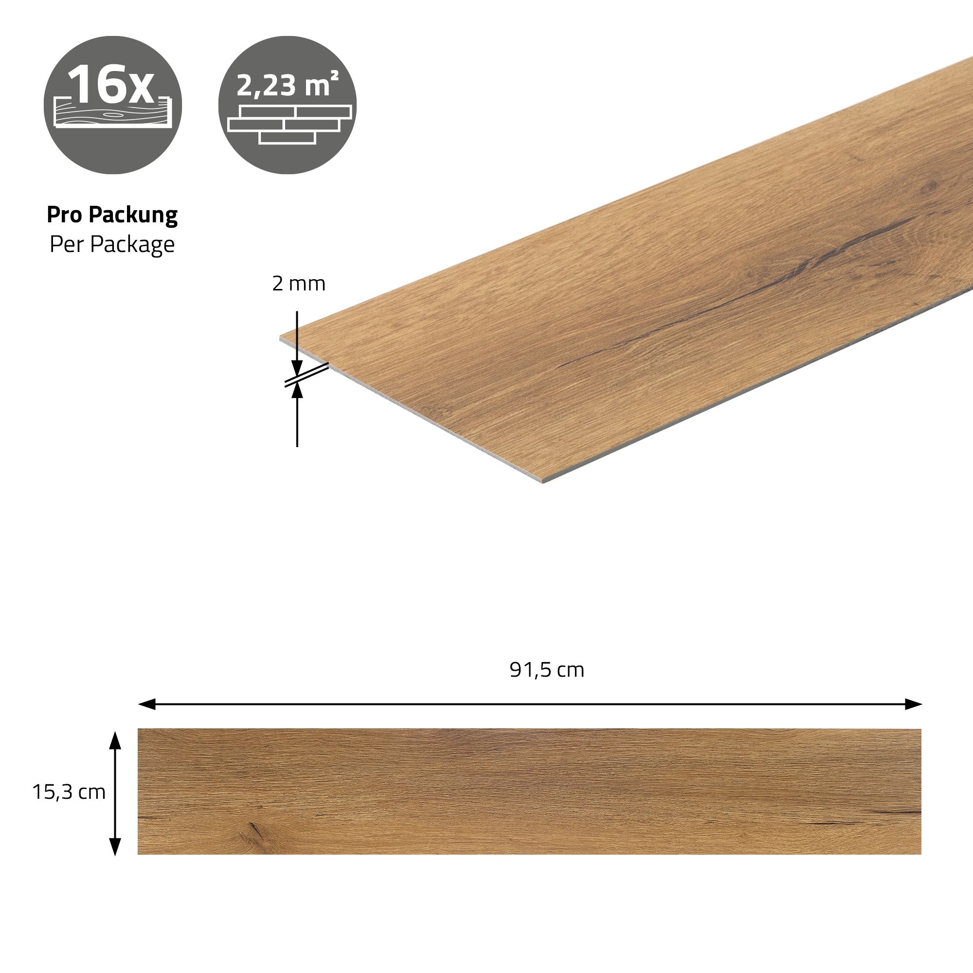 Maatgegevens voor een houten paneel met afmetingen en aantal per verpakking.