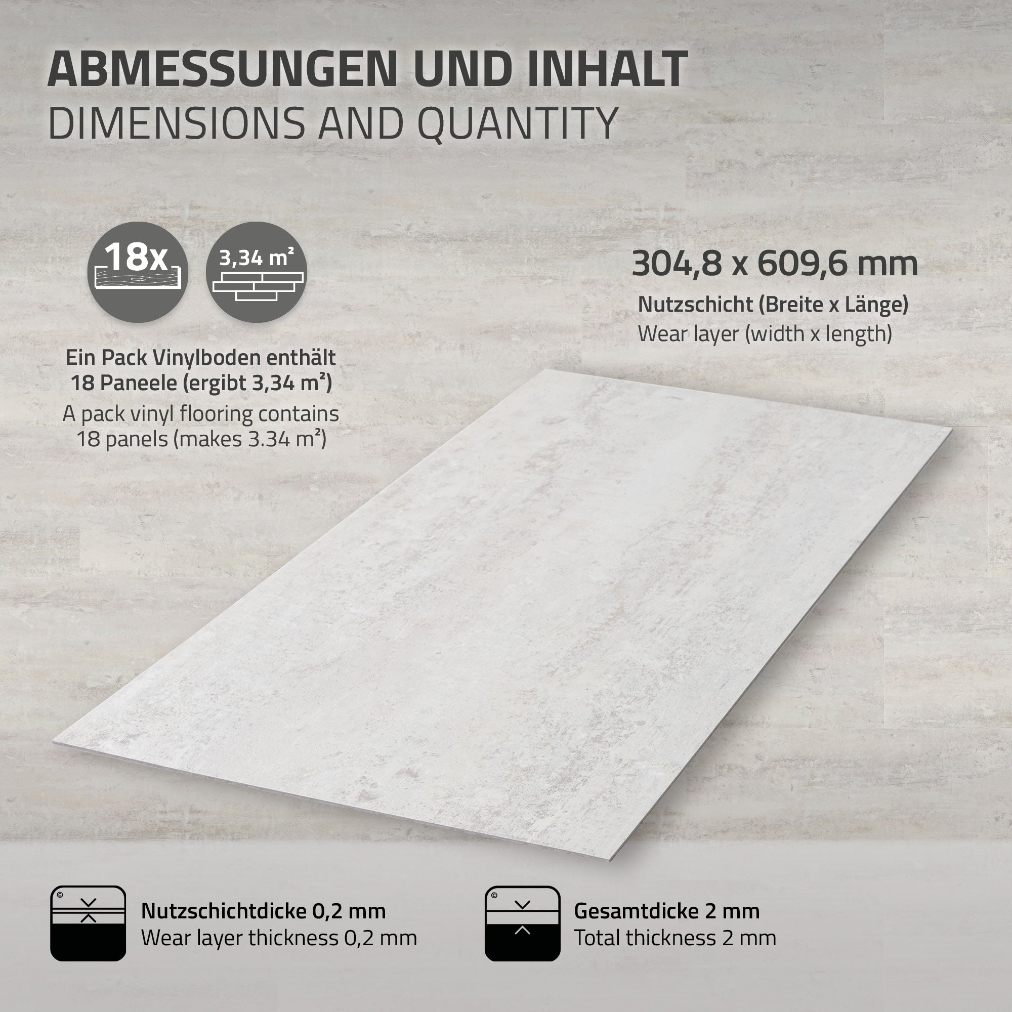 Grafiek met afmetingen en inhoud van een vinylvloer op een lichte achtergrond.