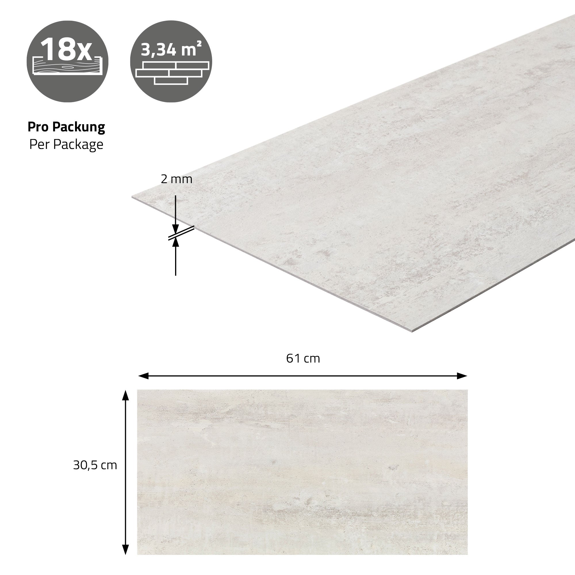 Világosszürke vinyl padlólemez 61 x 30,5 cm mérettel.