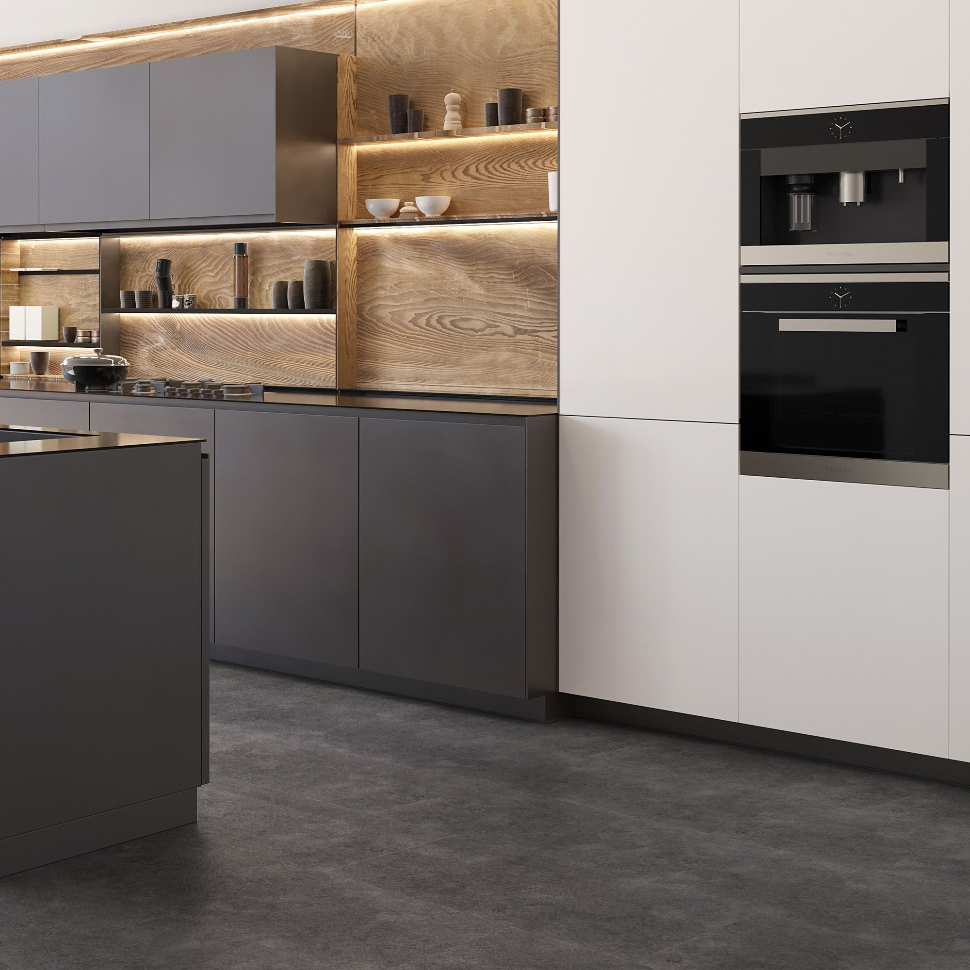 Moderne keuken met grijze vinylvloer en houten planken op de achtergrond