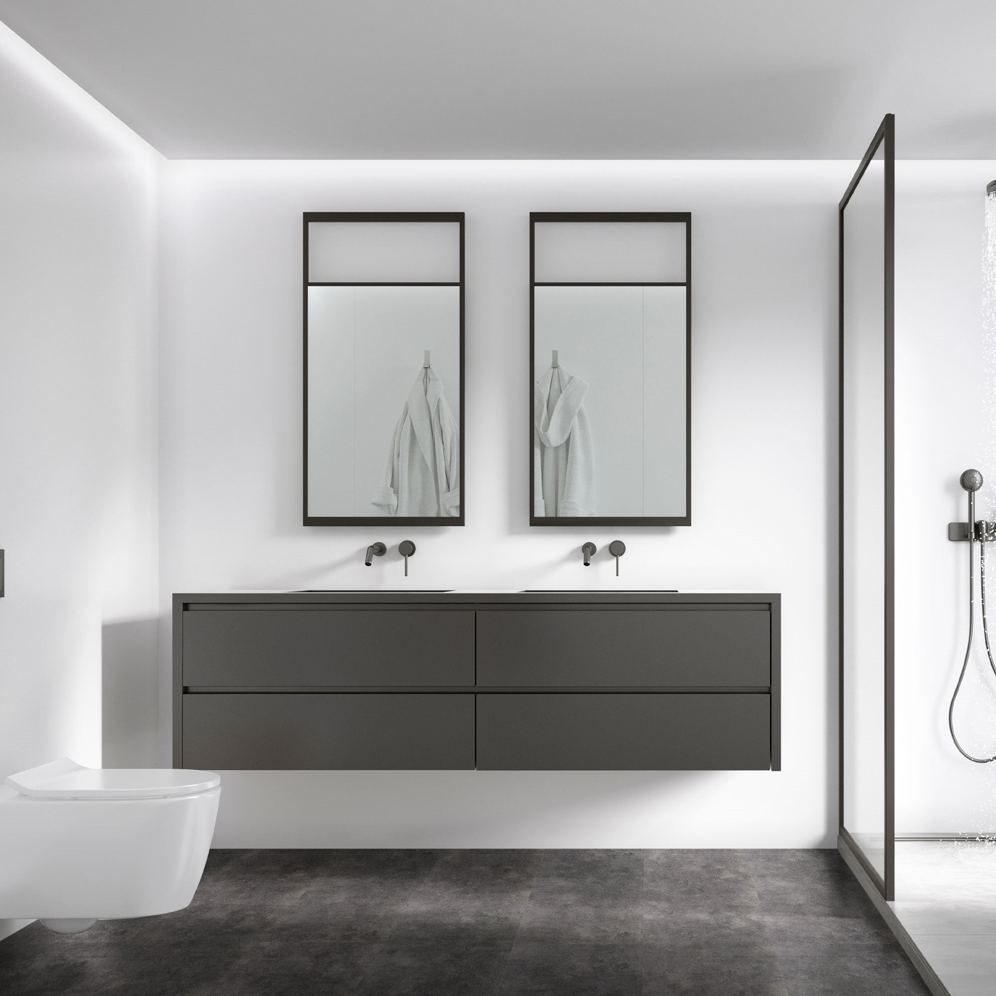 Moderne badkamer met twee spiegels, wastafel en douche.