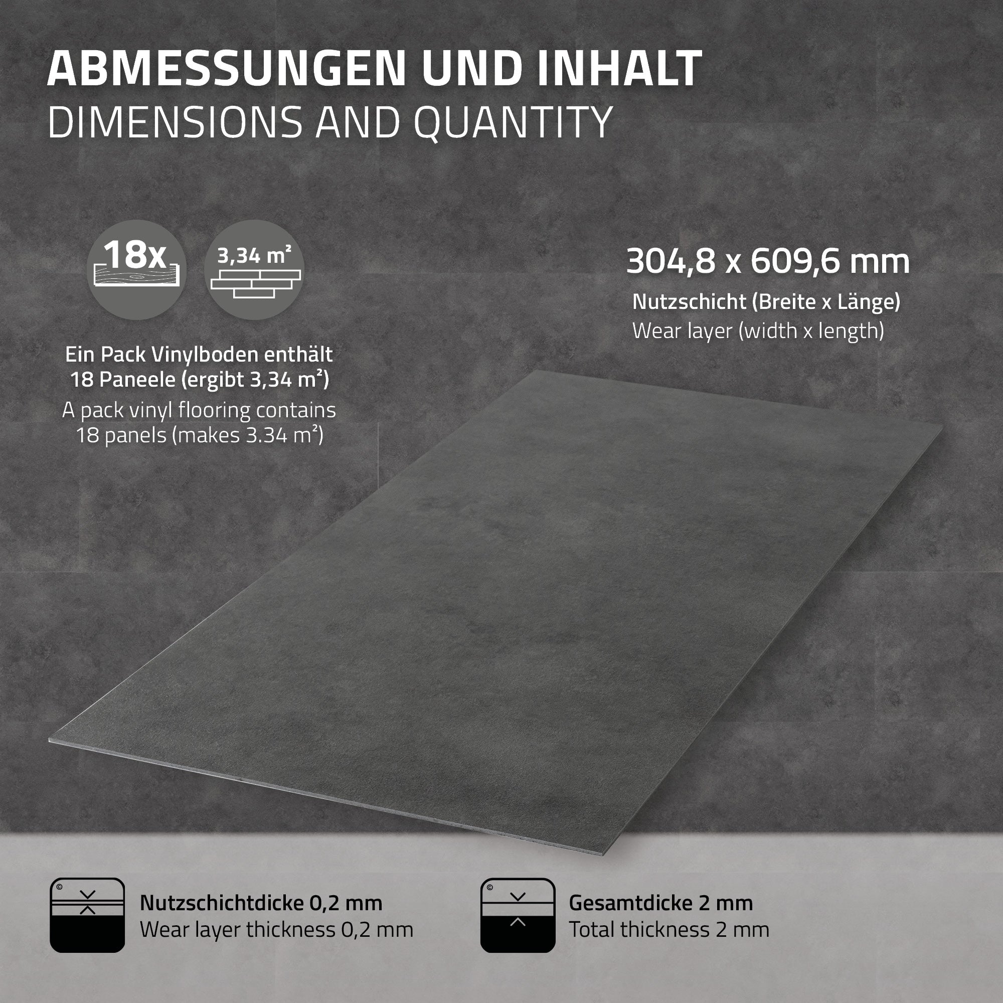 Grafiek met afmetingen en inhoud van een vinylvloer op grijze
