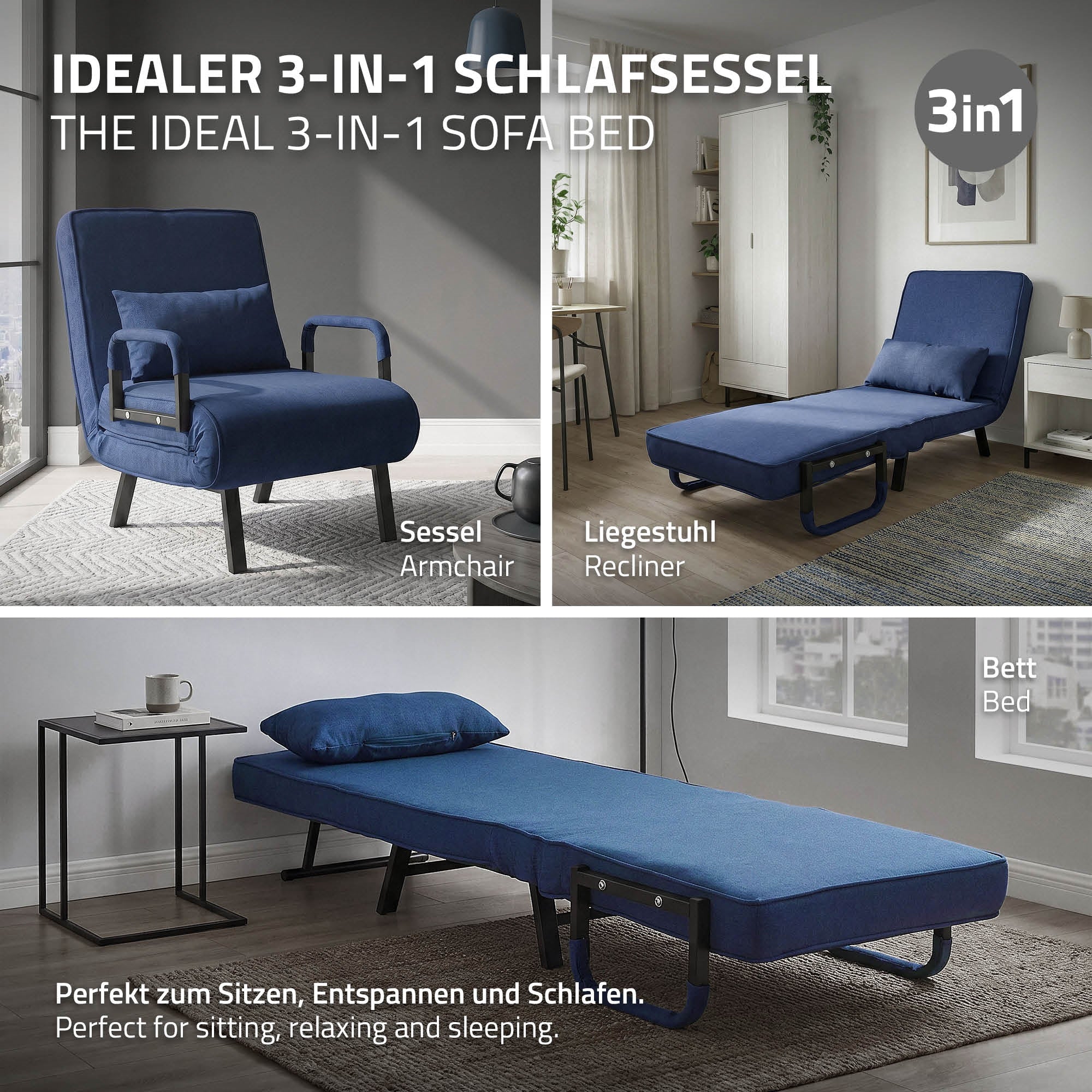Ein 3-in-1 Schlafsessel, der als Sessel, Liegestuhl und Bett genutzt werden kann, in einem hellen Raum.