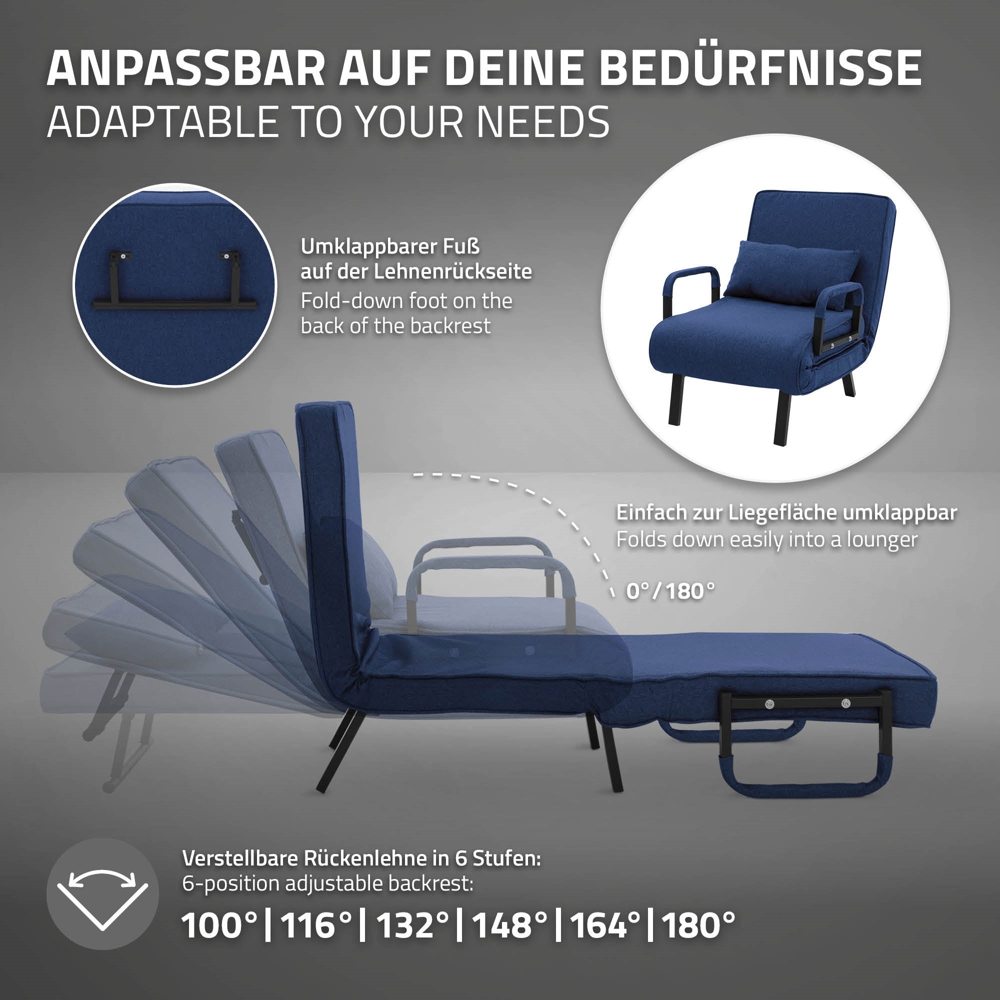 Grafik eines anpassbaren Sessels, der in eine Liege umgeklappt werden kann.