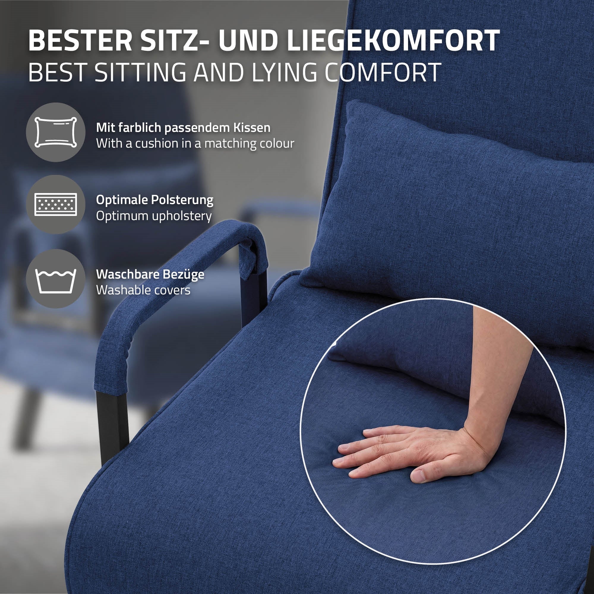 Nahaufnahme eines blauen Sessels mit Kissen und Polsterung.