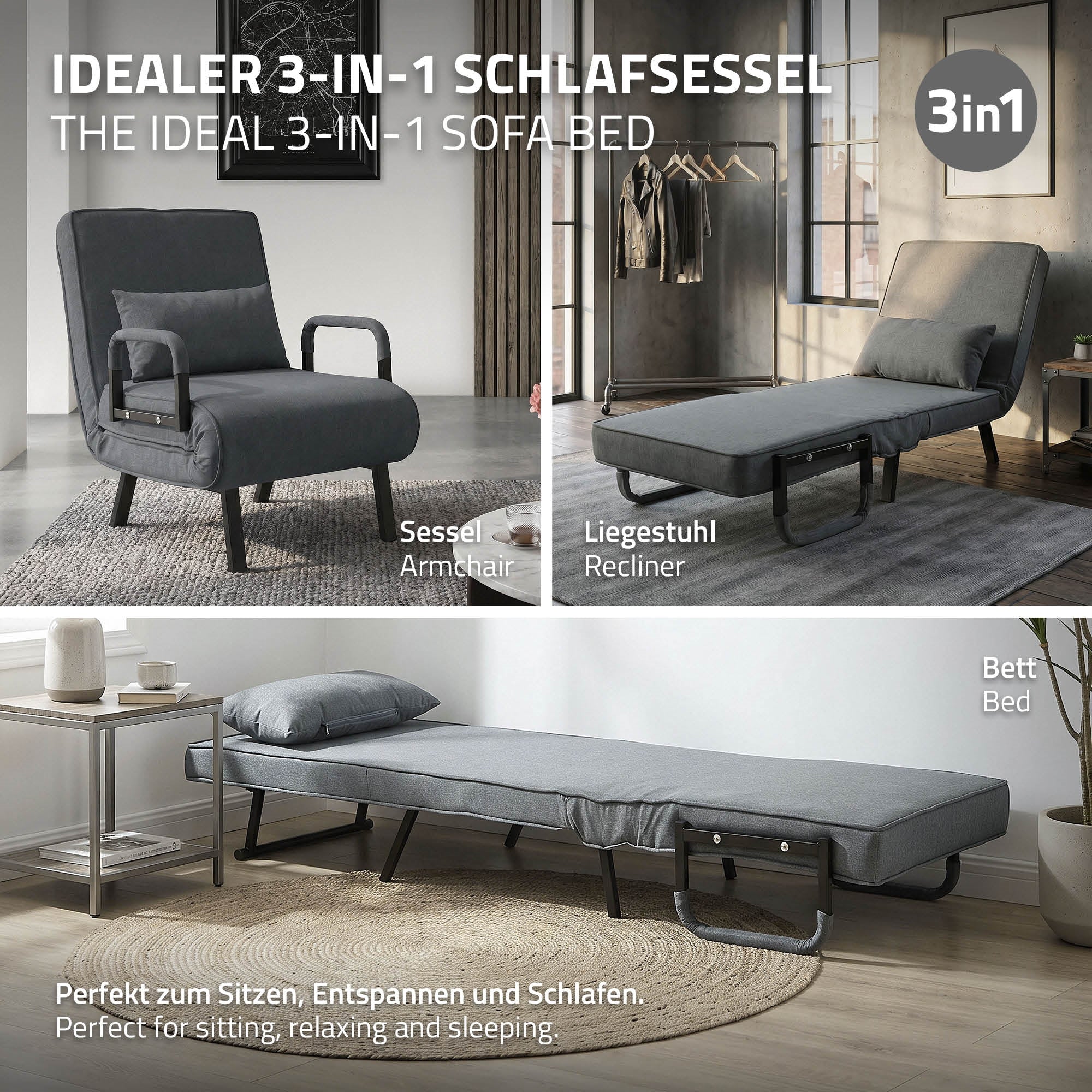 En 3-i-1 sovesofa, liggestol og seng i et lyst rum.