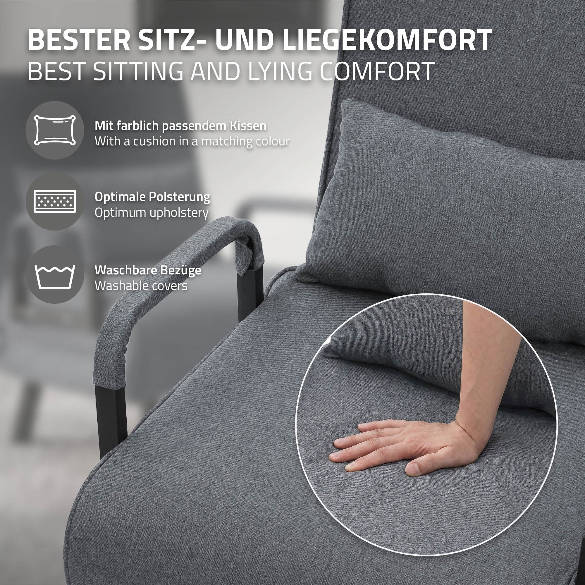 Grå sovesofa med pude, optimal polstring og vaskbare betræk.