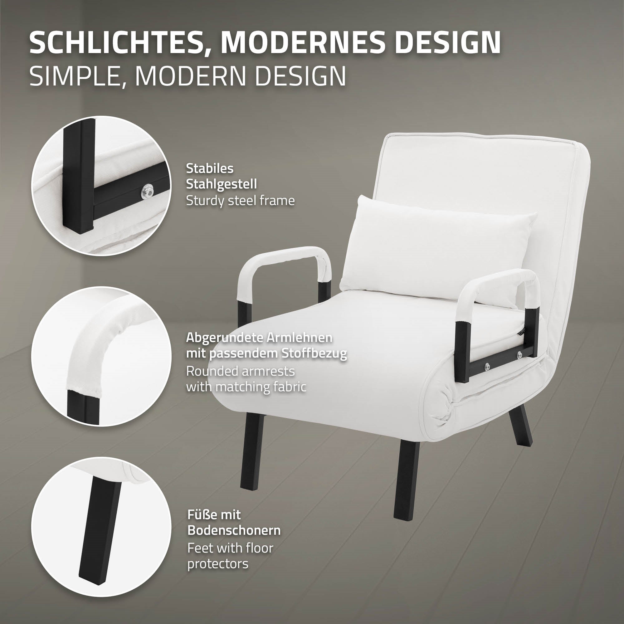 Bílé křeslo, moderní design, zaoblené opěrky a nohy s ochrannými podložkami.