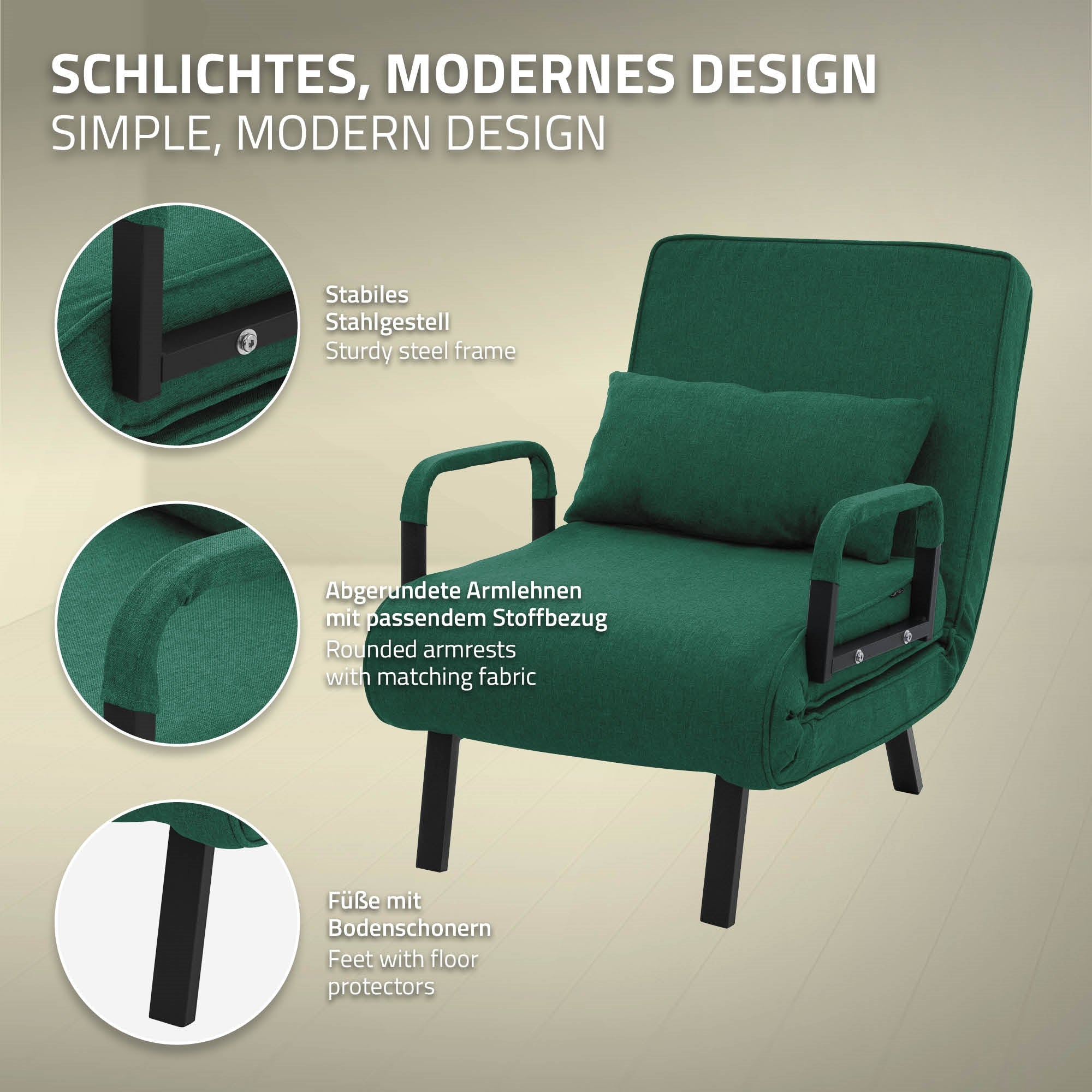Grüner Sessel, modernes Design, abgerundete Armlehnen und Füße mit Bodenschonern.