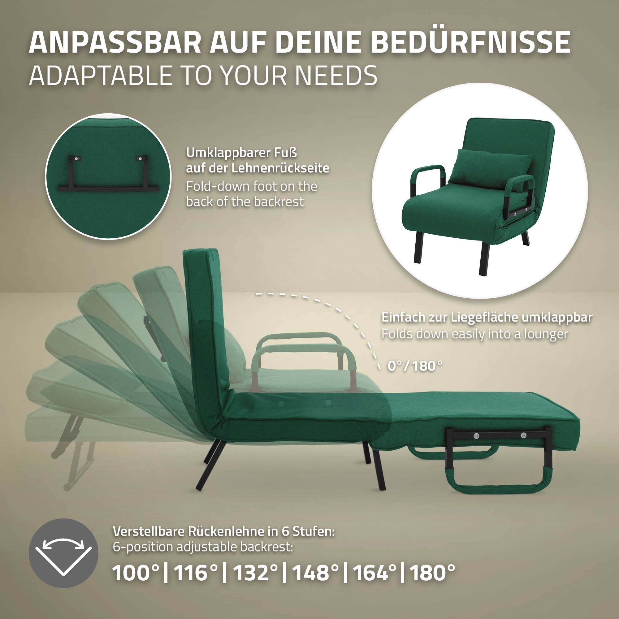 Grüner Schlafsessel mit verstellbarer Rückenlehne in verschiedenen Positionen.