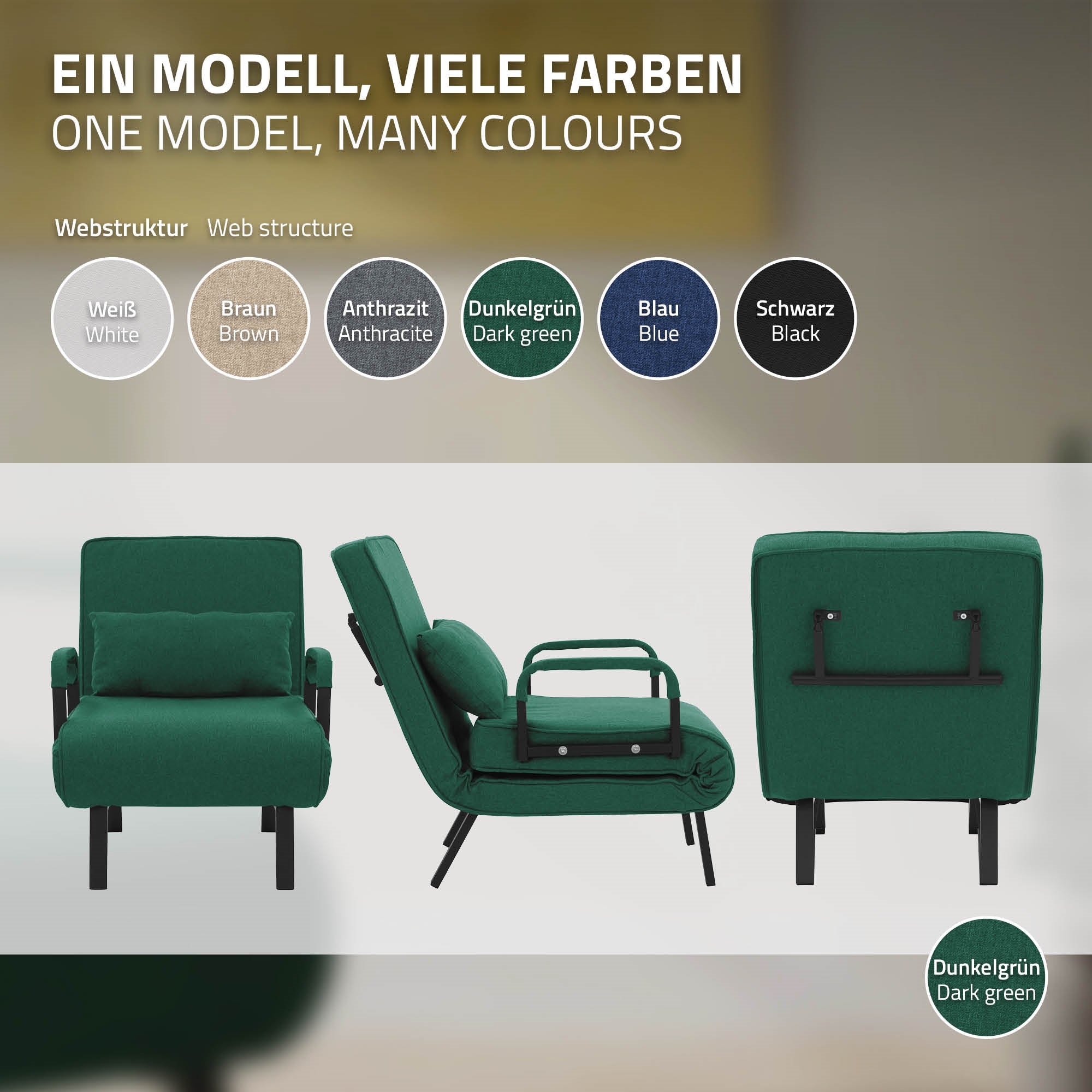 Ein grüner Schlafsessel in verschiedenen Positionen, mit Farboptionen.