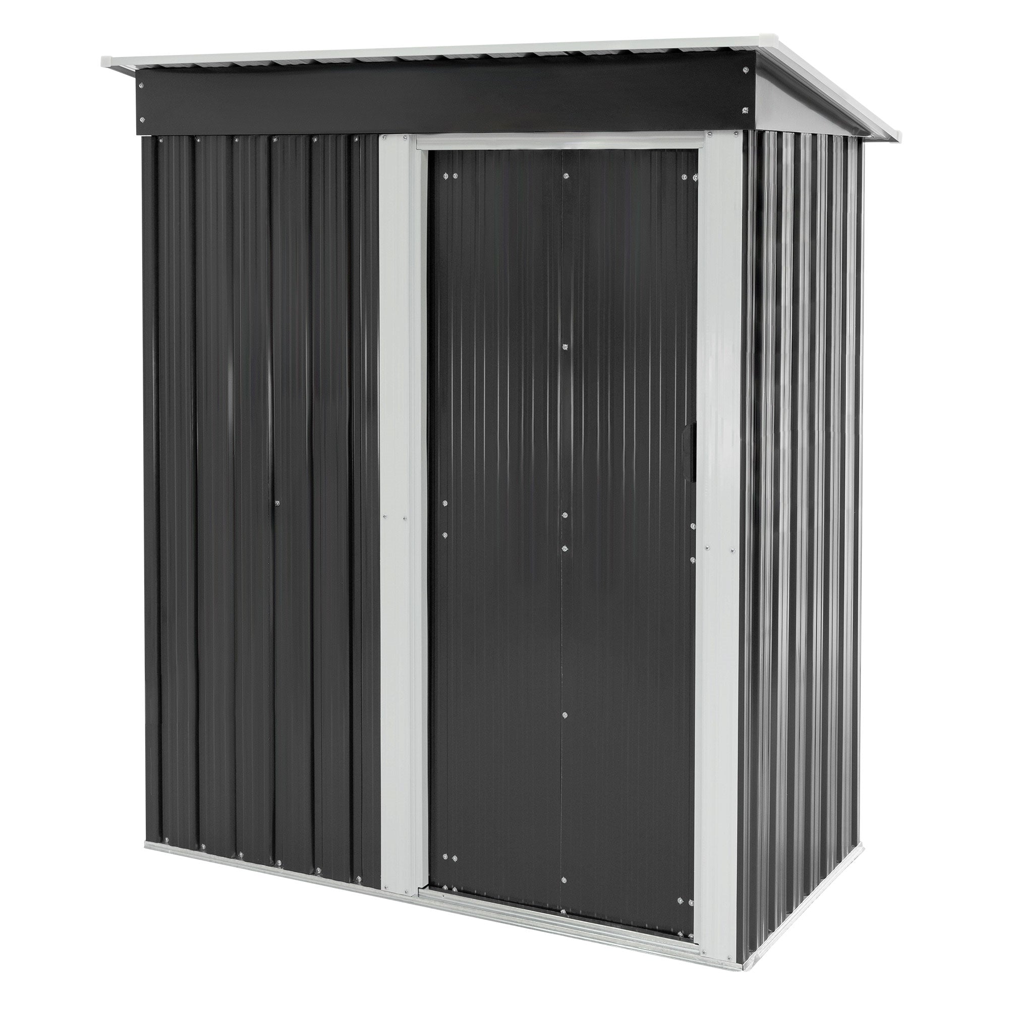 Boîte de rangement en métal noir avec deux portes, sur fond blanc.