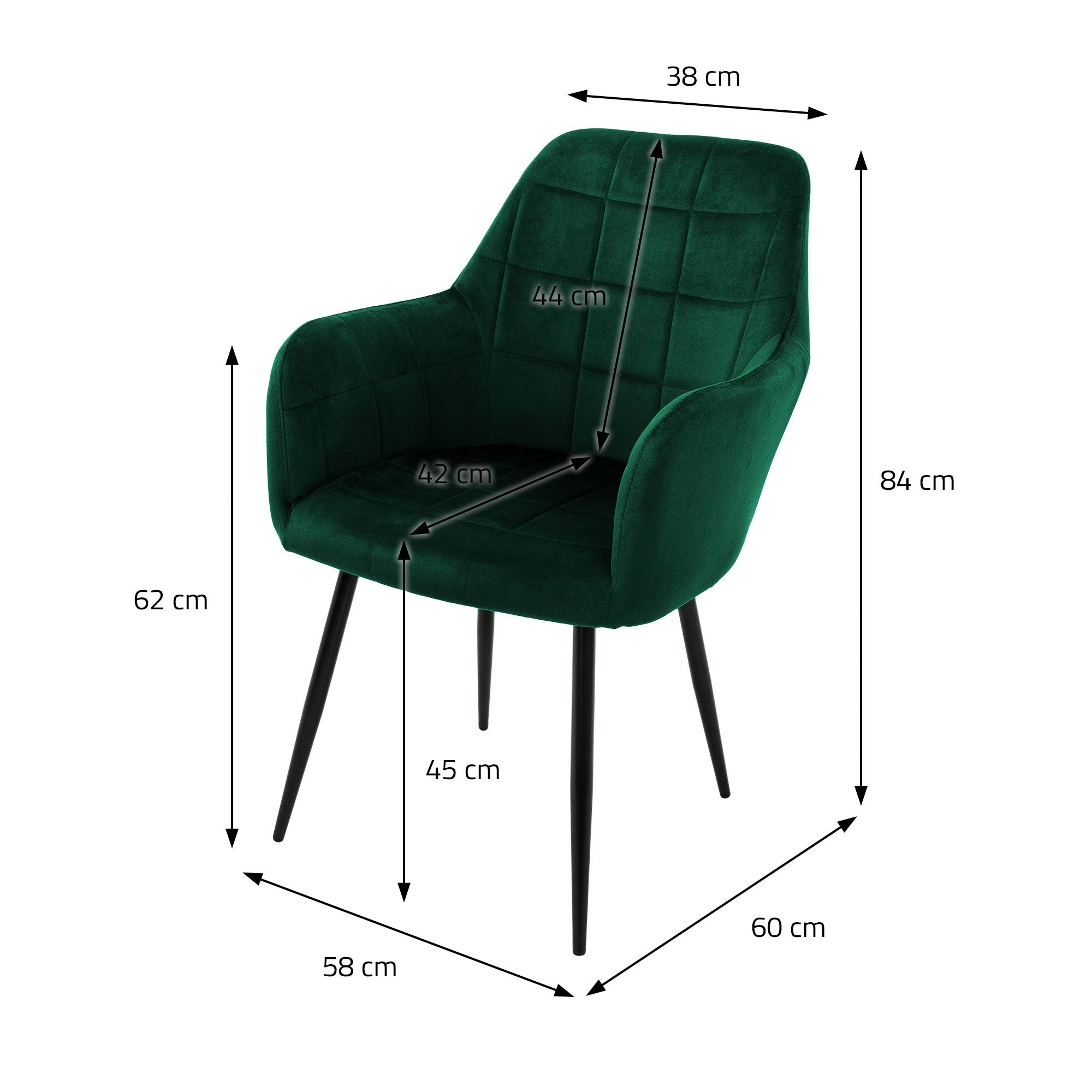 Chaise verte avec dimensions : hauteur 84 cm, largeur 60 cm, profondeur 58 cm, hauteur d'assise 45 cm.