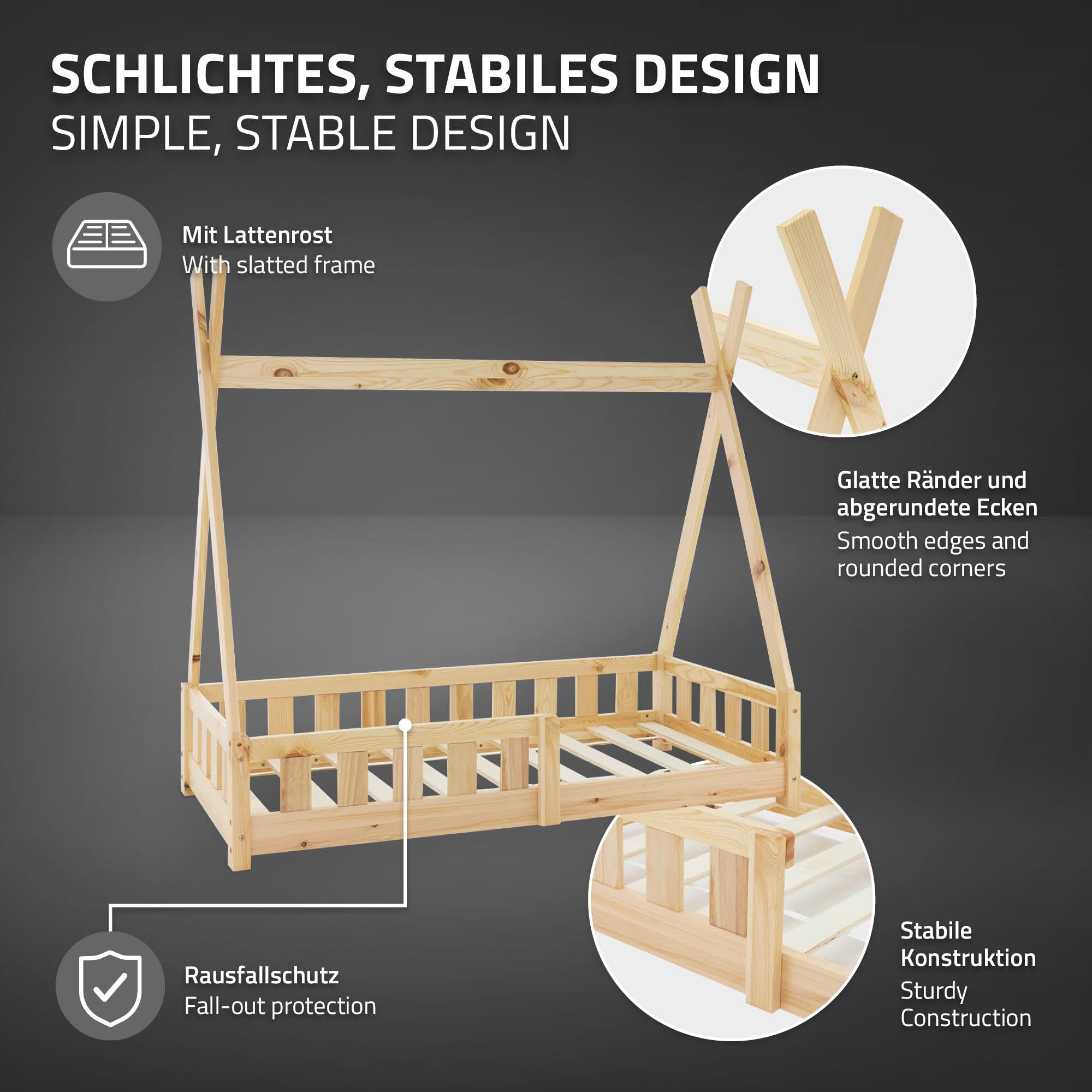 Holzrahmenbett mit stabiler Konstruktion und Rausfallschutz.