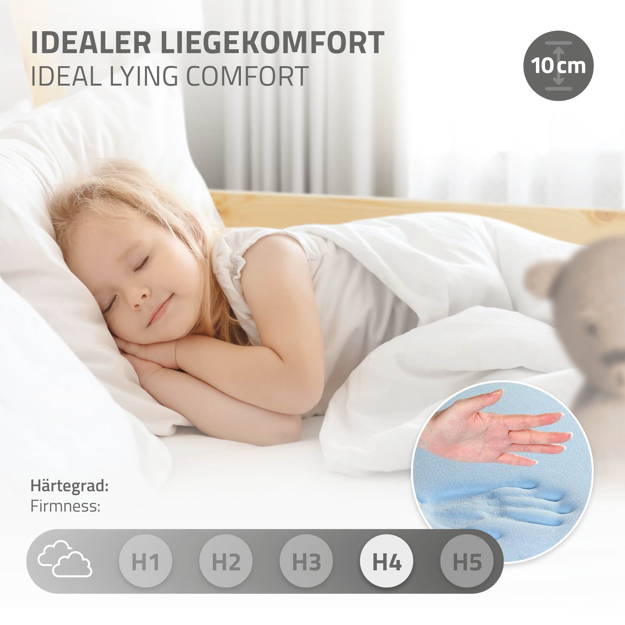 Schlafendes Kind auf einer Matratze, zeigt idealen Liegekomfort und Härtegrad.