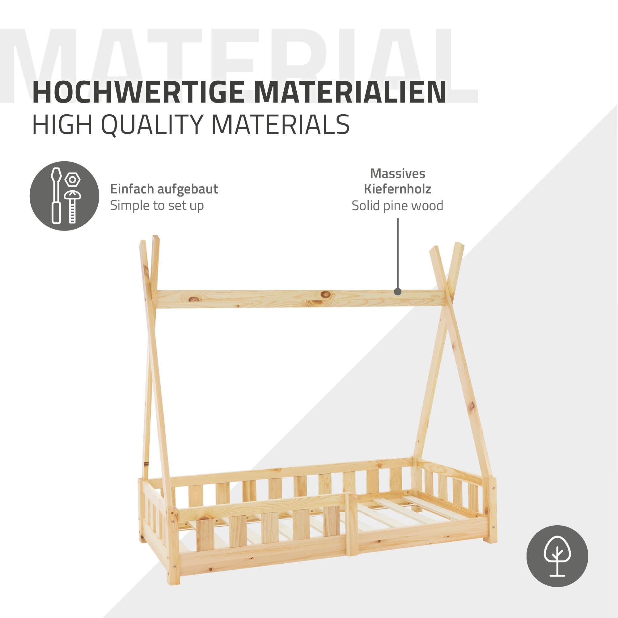 Holz-Kinderbett aus massivem Kiefernholz mit Rausfallschutz.