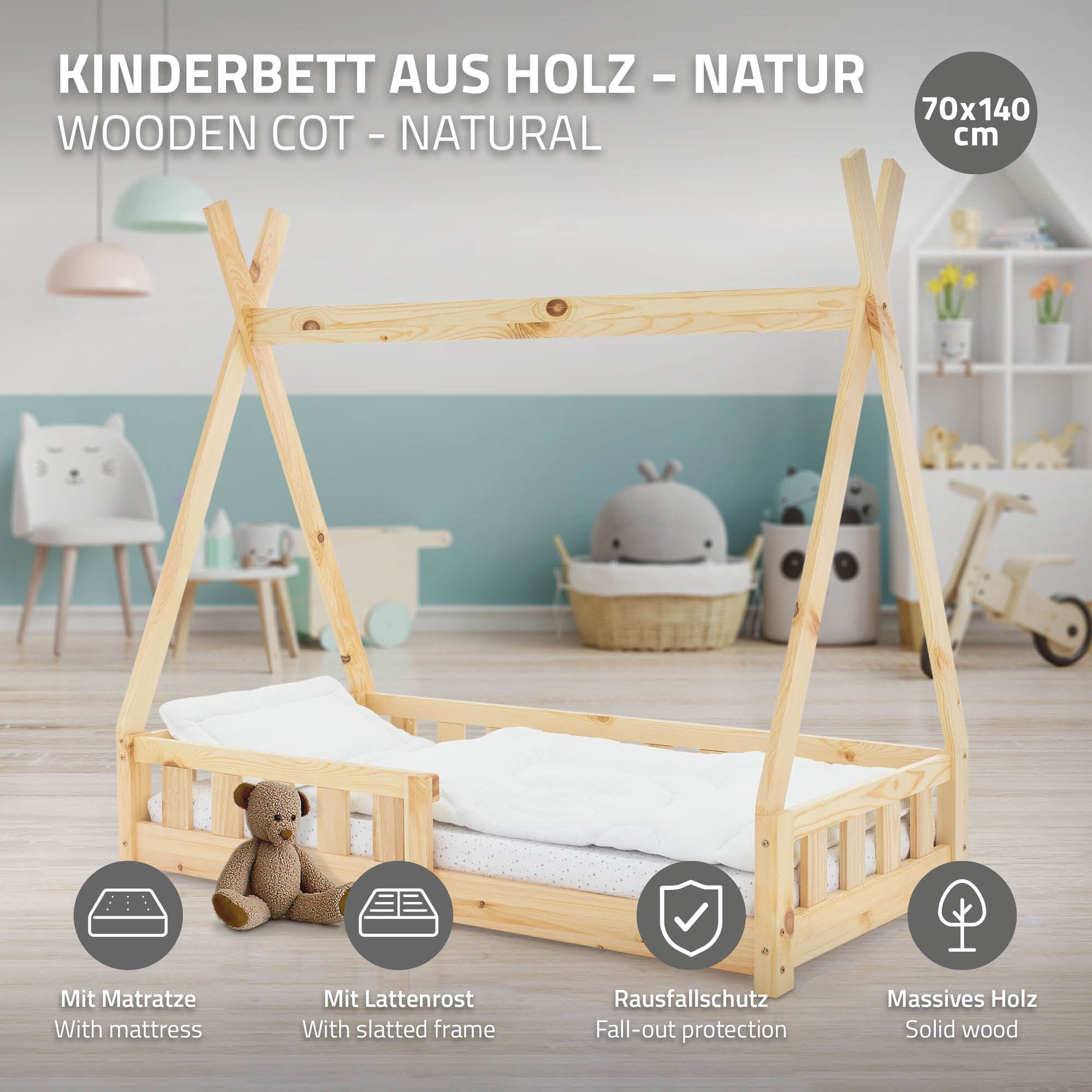 Holzkinderbett in Naturfarbe mit Matratze und Rausfallschutz.