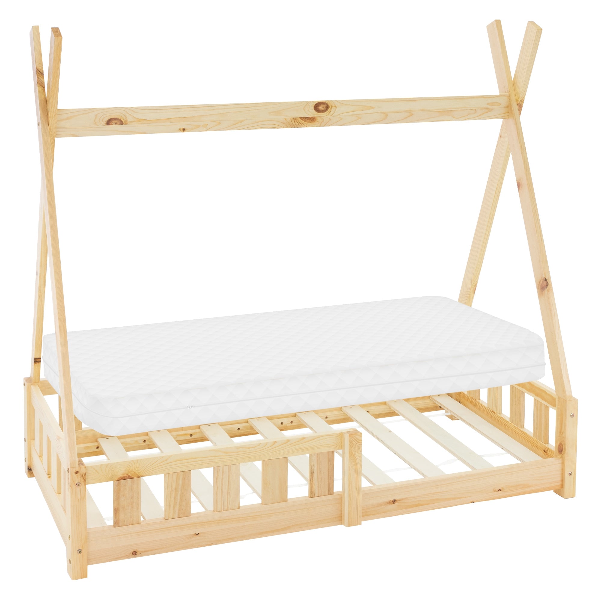 Holz-Kinderbett mit Matratze, in natürlichem Holzton.