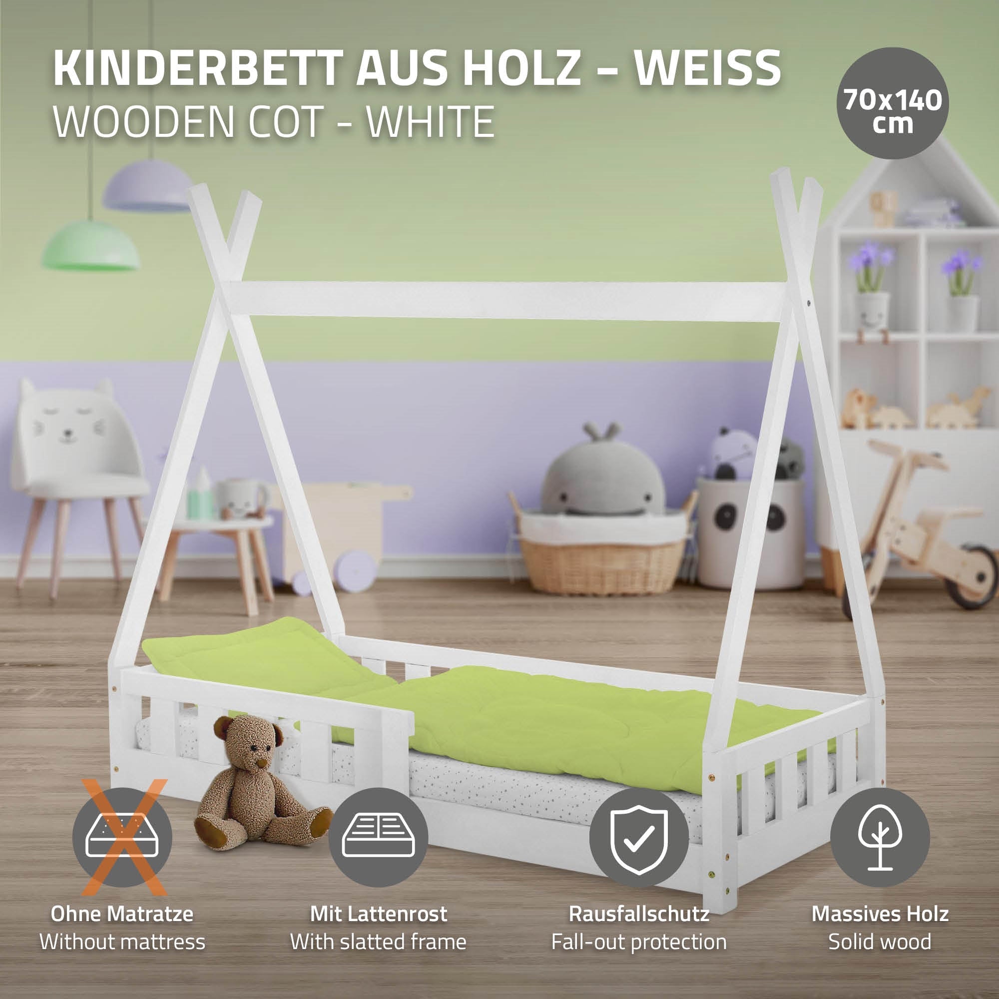 White wooden children's bed with fall protection and mattress.
