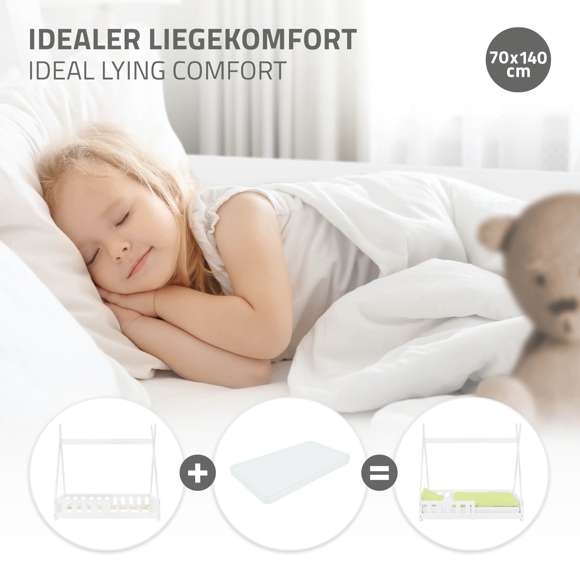 A sleeping child on a mattress with a white children's bed.