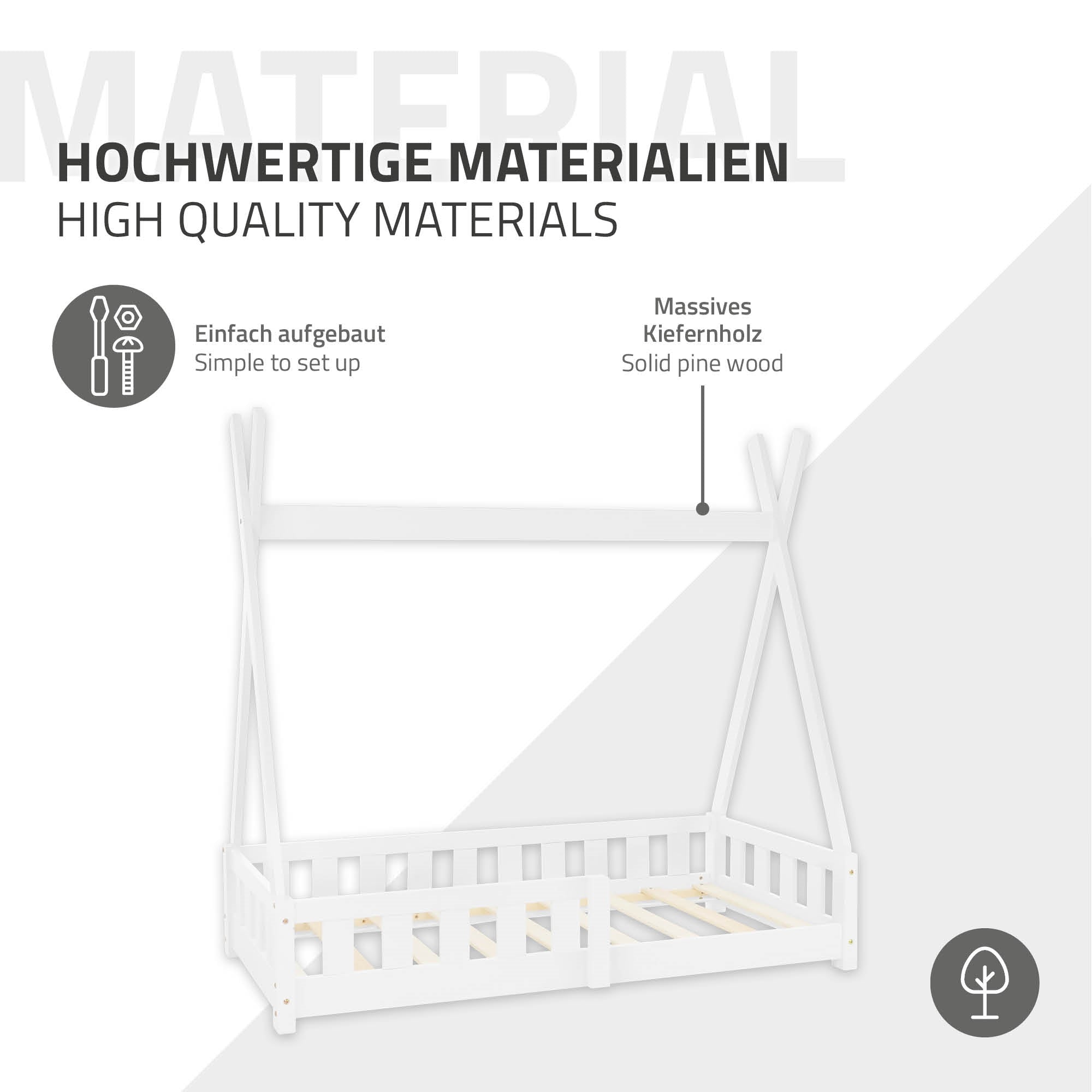 Bed made of solid pine wood, white, with simple assembly instructions.