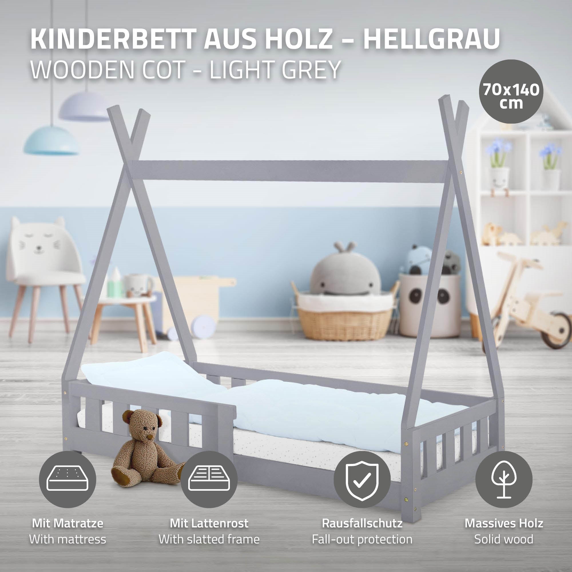 Lit d'enfant en bois gris clair avec matelas et protection contre les chutes.