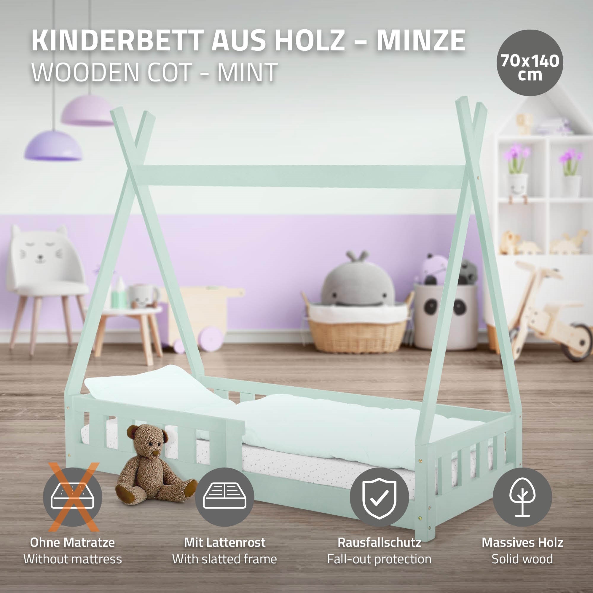 Mintgrünes Kinderbett mit Rausfallschutz und einem Stofftier.