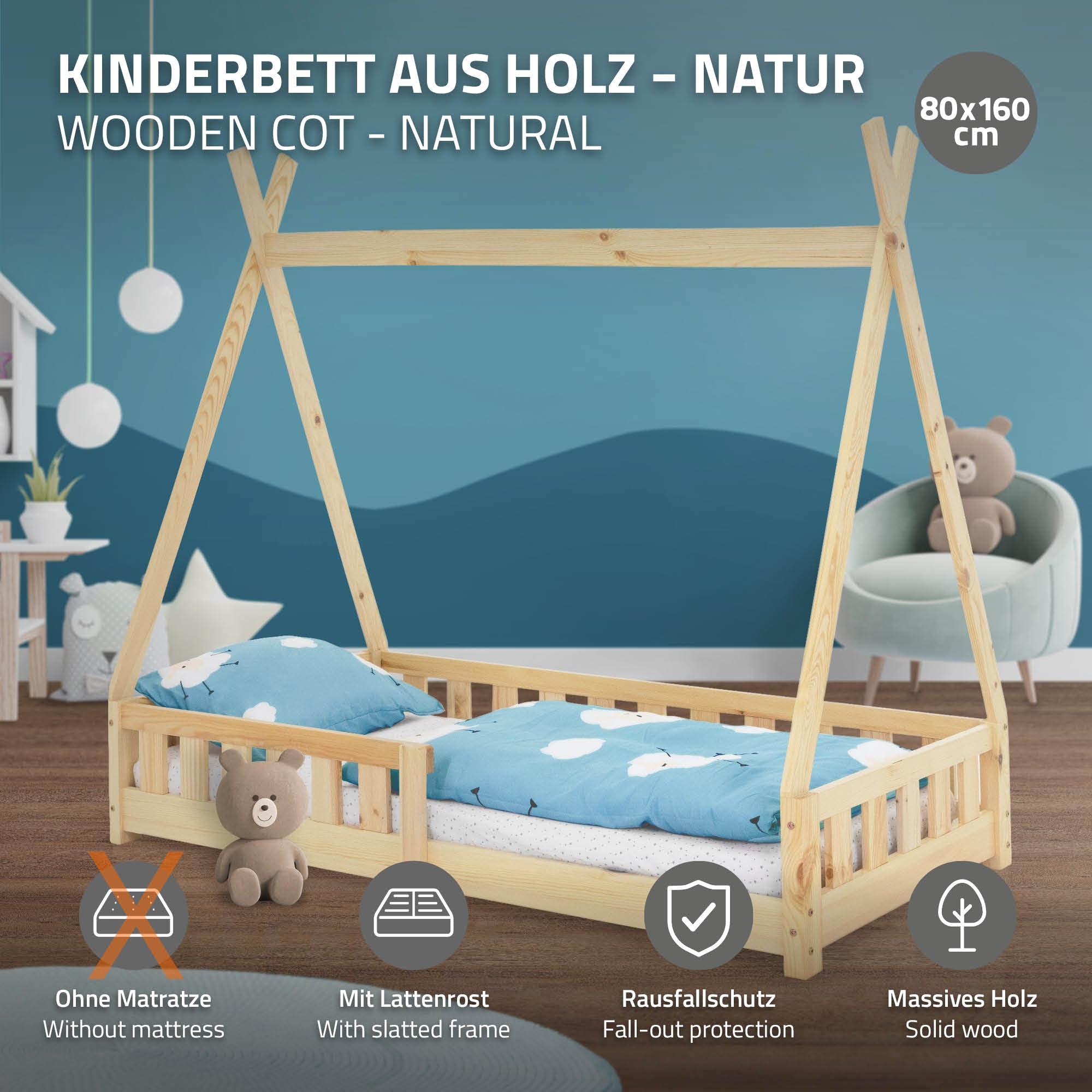 Wooden bed in natural color with fall protection and without mattress.