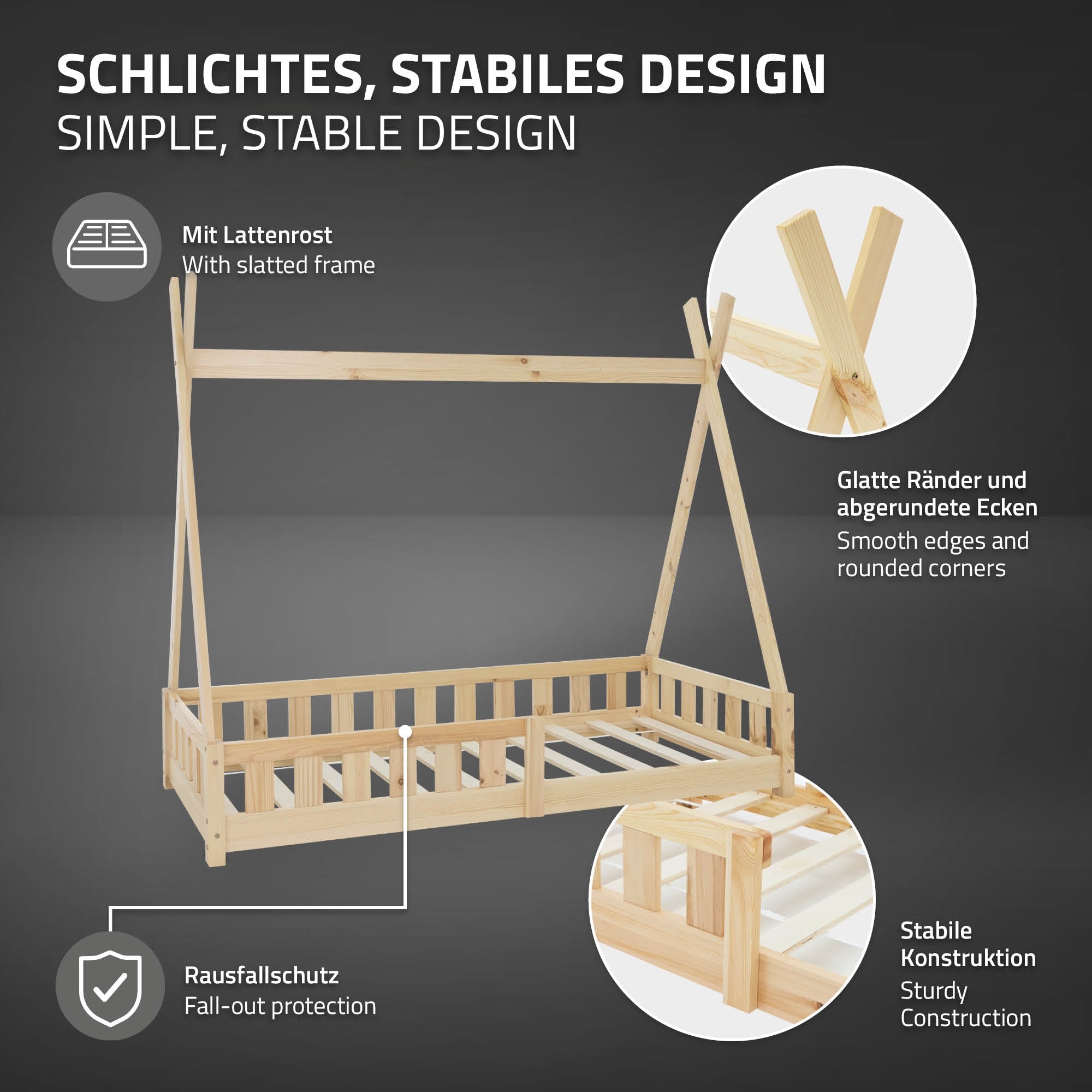 Wooden children's bed with slatted frame and fall protection, simple design.