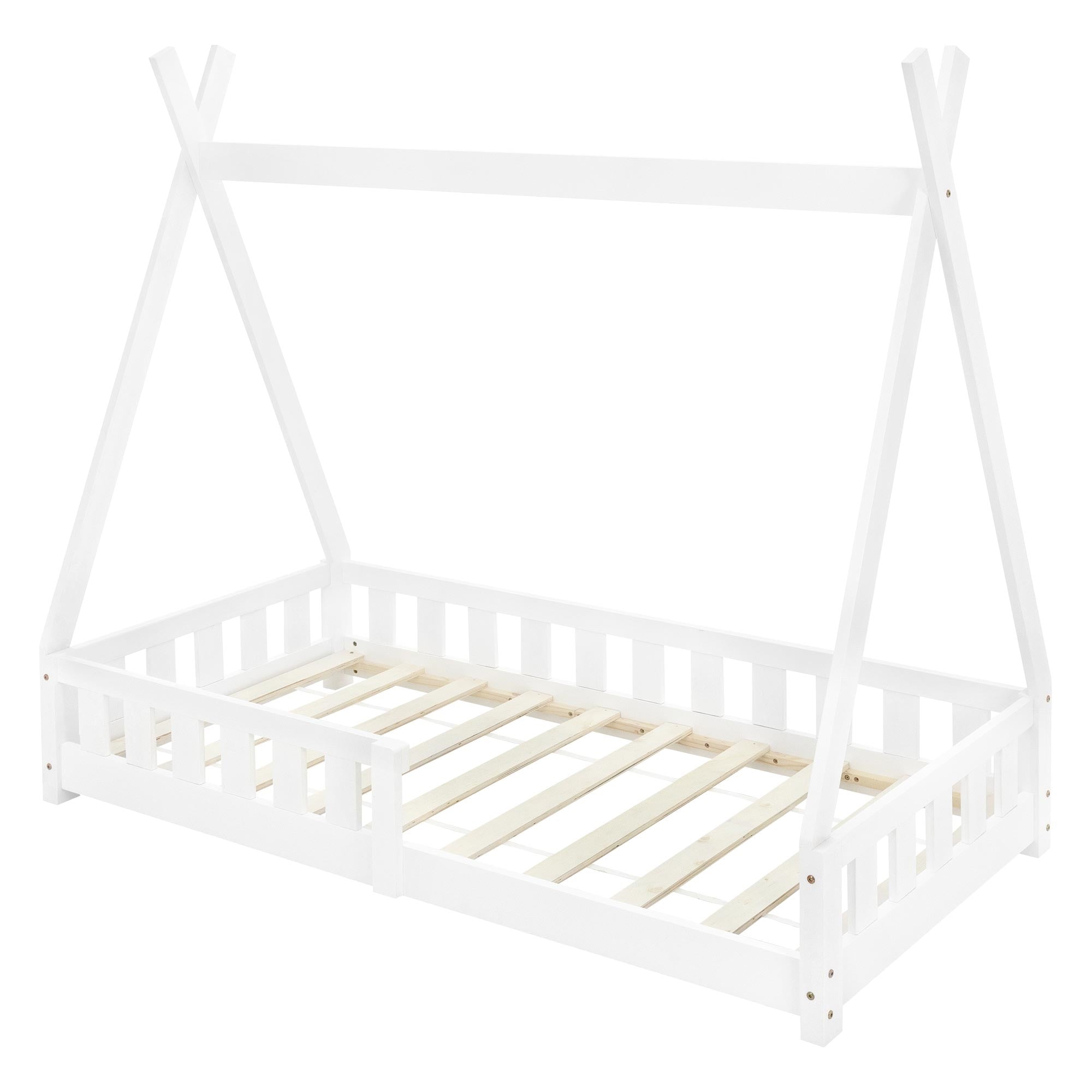 Lit d'enfant en bois blanc avec sommier à lattes, sans matelas.