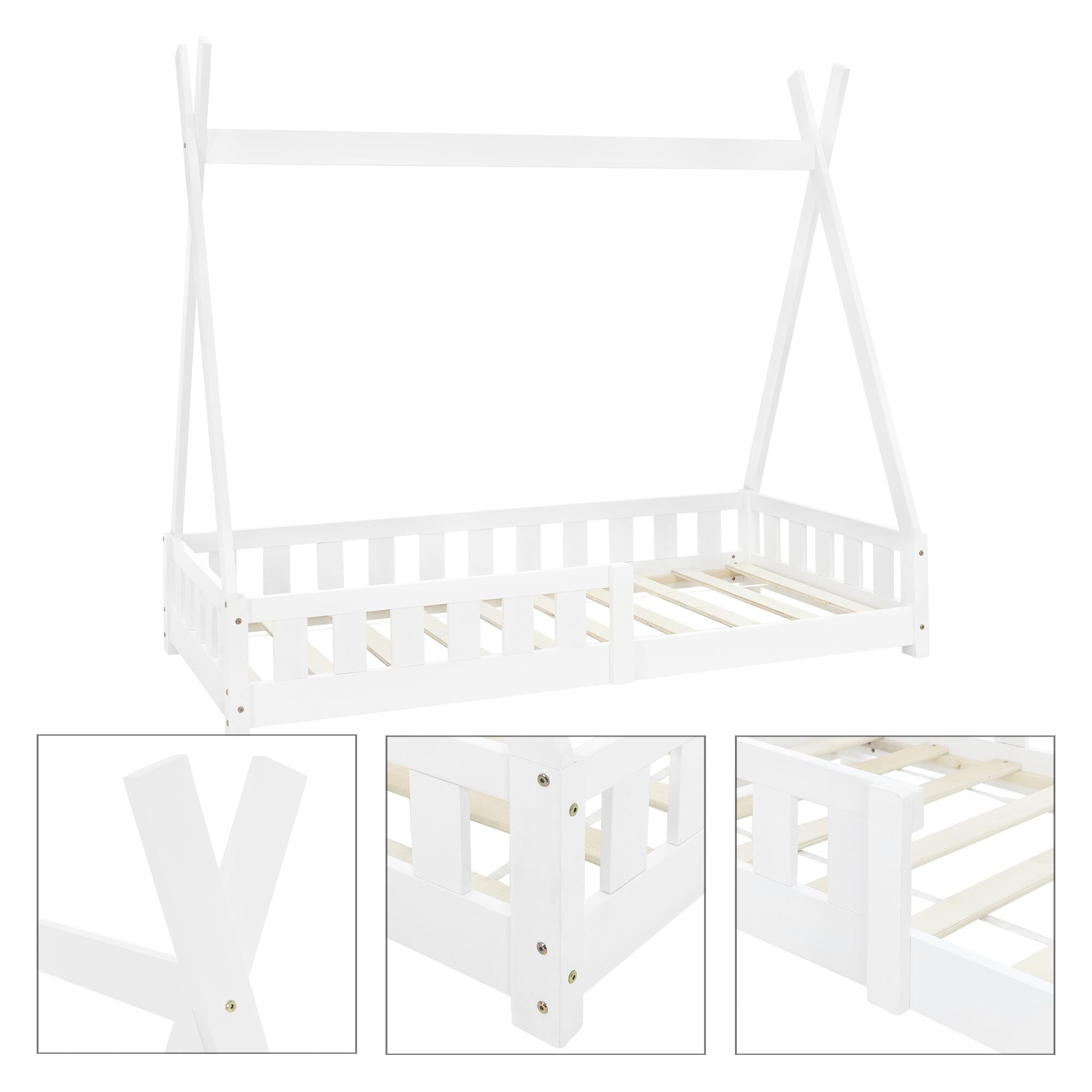 Vue détaillée d'un lit d'enfant blanc avec construction stable.